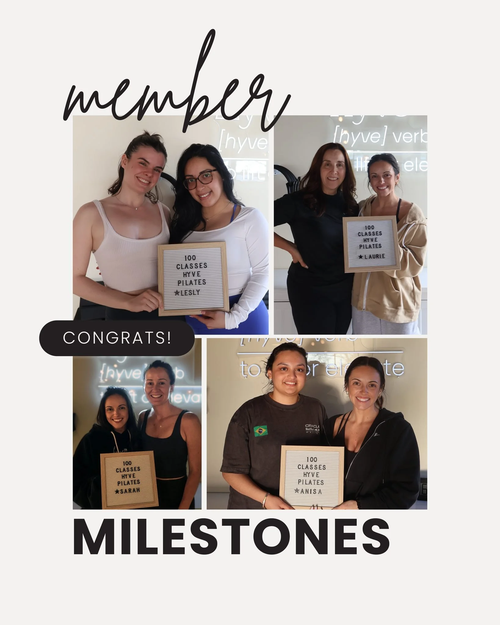 Lesly, Laurie, Sarah, and Anisa all hit 100 classes and we are so proud of each of you. This is exactly what Hyve is all about. Congrats!