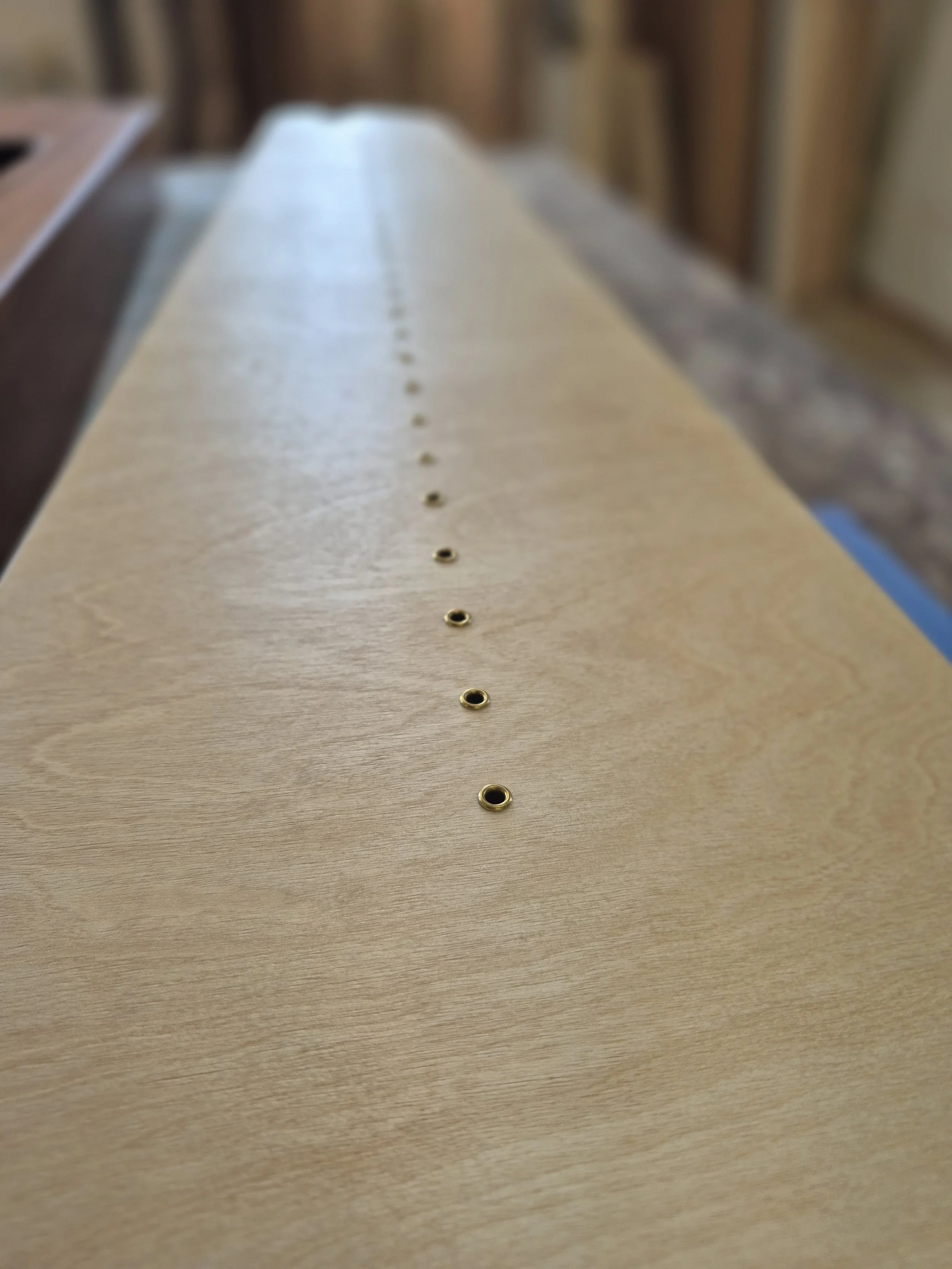 Wooden board with evenly spaced holes drilled along the center line, blurred background.
