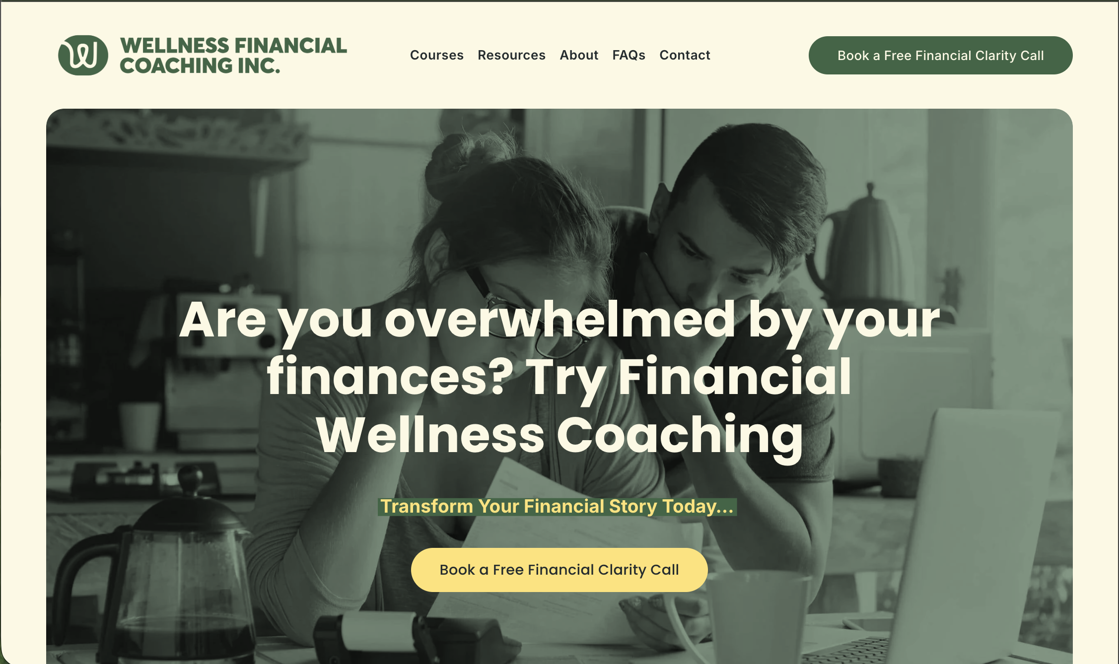 A website banner for Wellness Financial Coaching Inc., featuring a scenic mountain background with tall golden grasses in the foreground. The company logo, a green stylized “W,” is positioned in the top left corner. 