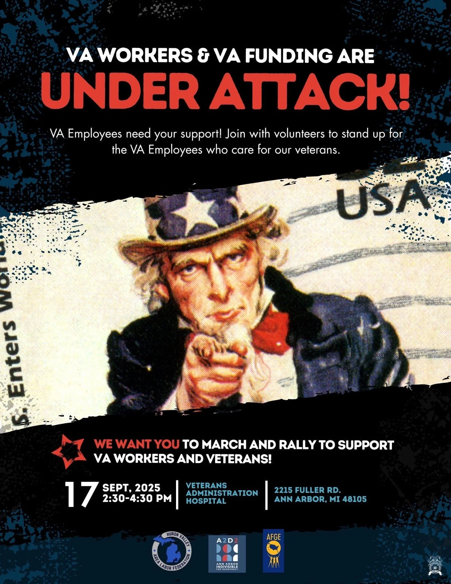 🚨 VA workers &amp; funding are under attack! 🚨

Join us Sept. 17th at the Ann Arbor VA to stand with federal workers who care for our veterans.

✊ Rally | 2:30&ndash;4:30 PM | 2215 Fuller Rd, Ann Arbor, MI