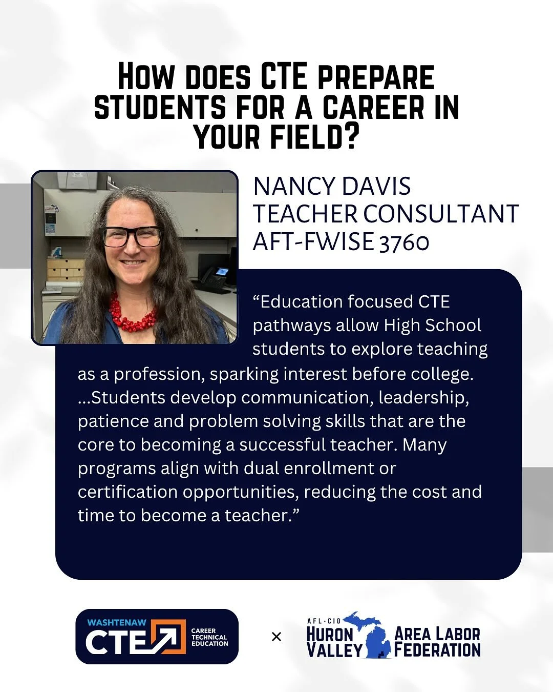 Hear from Nancy of AFT-FWISE on why union members across Washtenaw County are voting YES on @washtenawisd&lsquo;s CTE millage to give students the opportunities they deserve!