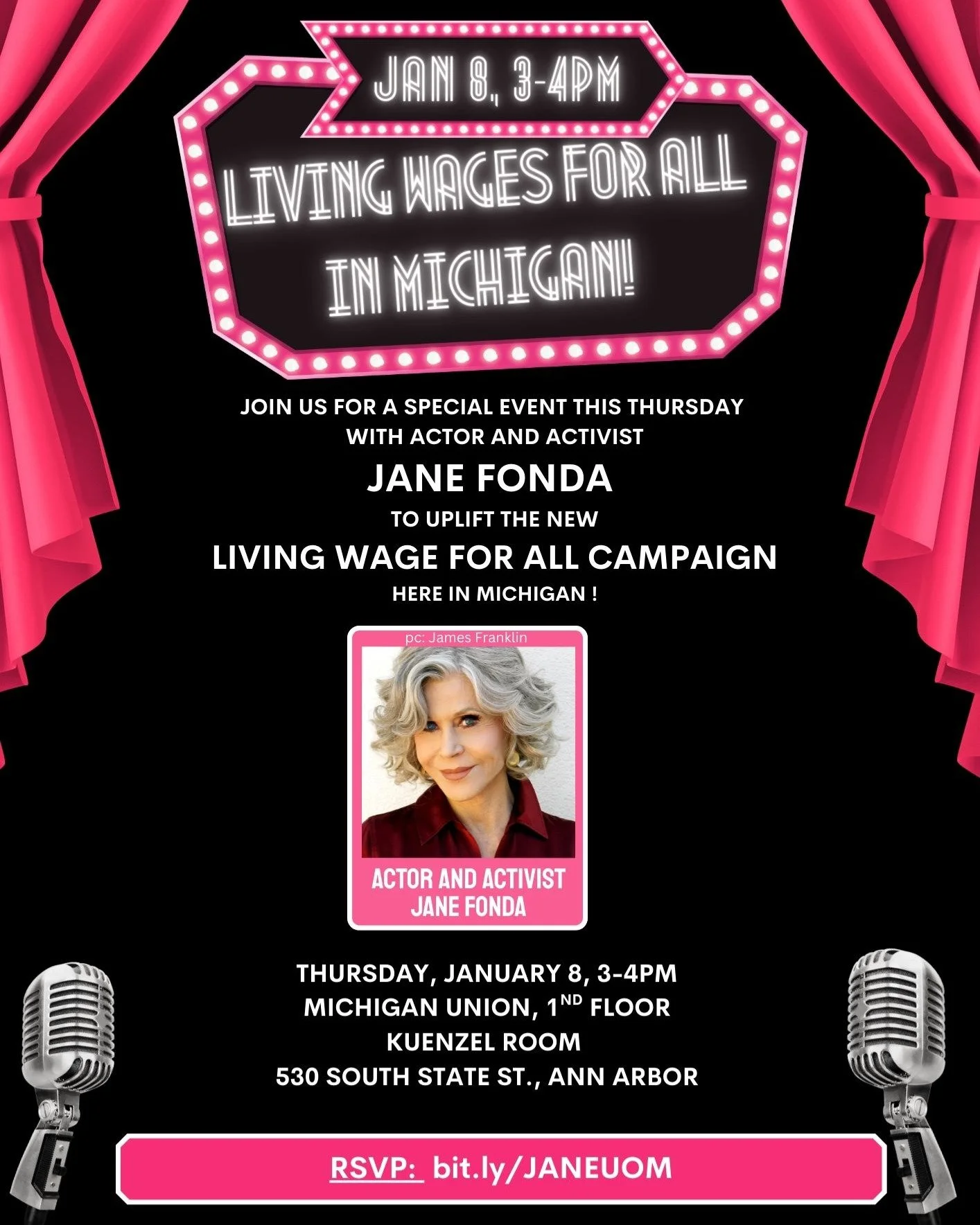 Support living wages for all workers in Michigan ✊

Join Jane Fonda and allies this Thursday (Jan 8, 3&ndash;4pm) at the Michigan Union to jumpstart the Living Wage for All campaign in Ann Arbor. RSVP: bit.ly/JANEUOM
