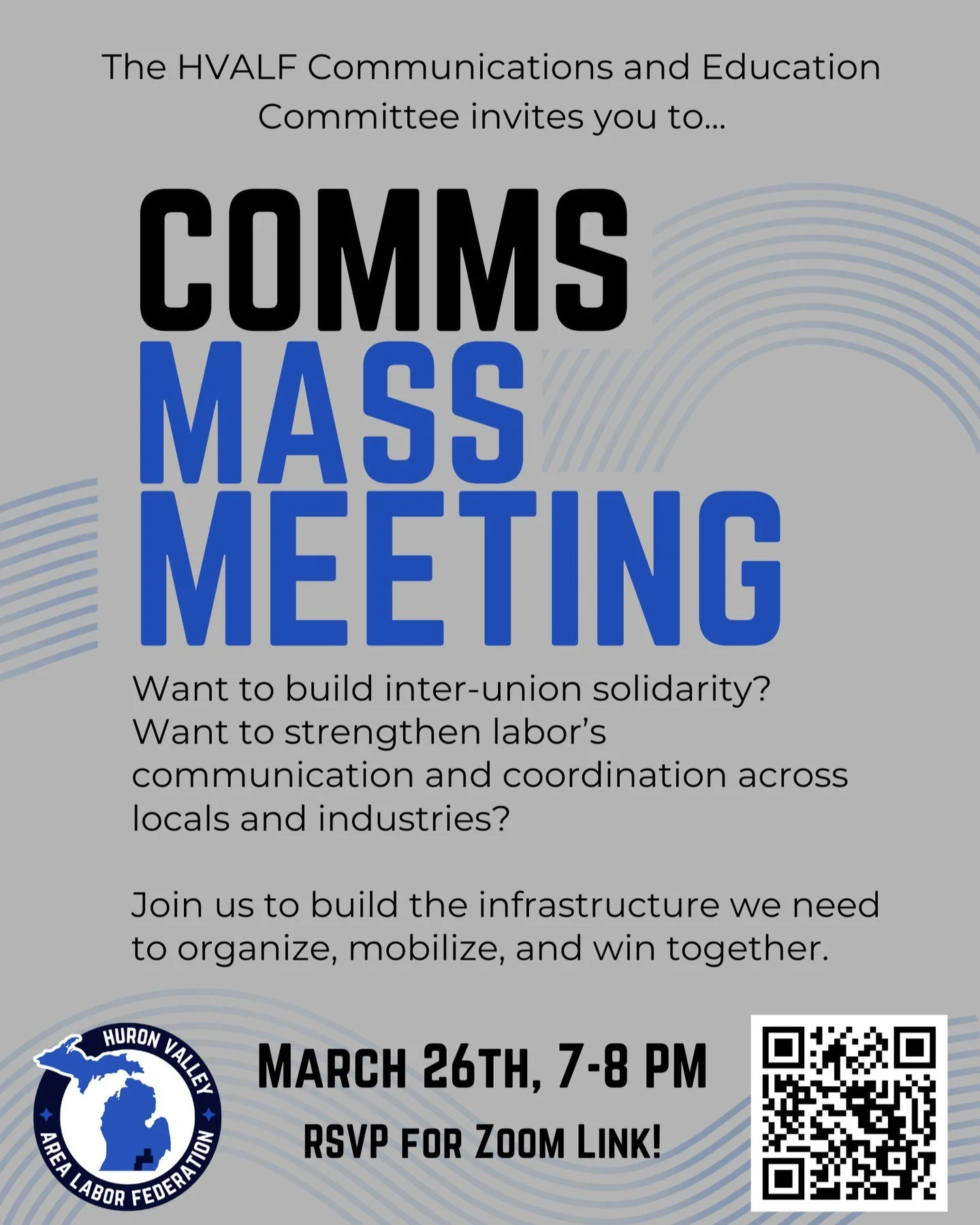 Now more than ever, Labor needs a united voice to fight for working families and win real change in our workplaces and communities.

Join HVALF's Comms Mass Meeting to help build the infrastructure we need to organize, mobilize, and win together.

📅