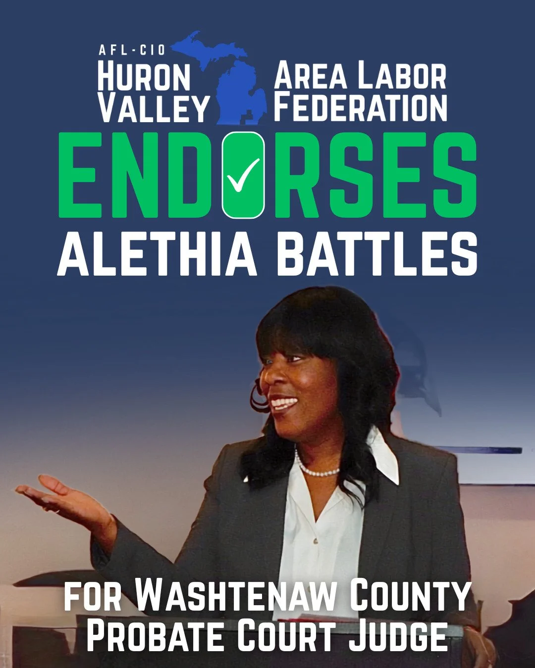 🗳️HVALF endorses Alethia Battles for Washtenaw County Probate Court Judge.

Battles's working class background and experience as a social worker grounds her approach to justice. HVALF is proud to support her campaign.

#labormovement #unionstrong