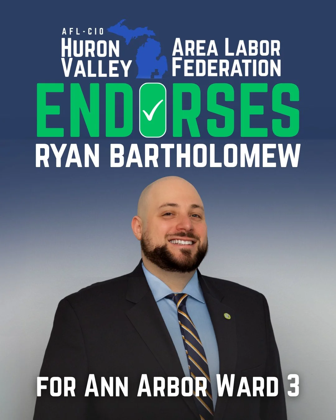 🗳️ HVALF endorses Ryan Bartholomew for Ann Arbor City Council Ward 3

Ryan will fight for union rights, fair housing, and for working people in City Hall. HVALF is proud to support his election.

#labormovement #unionstrong