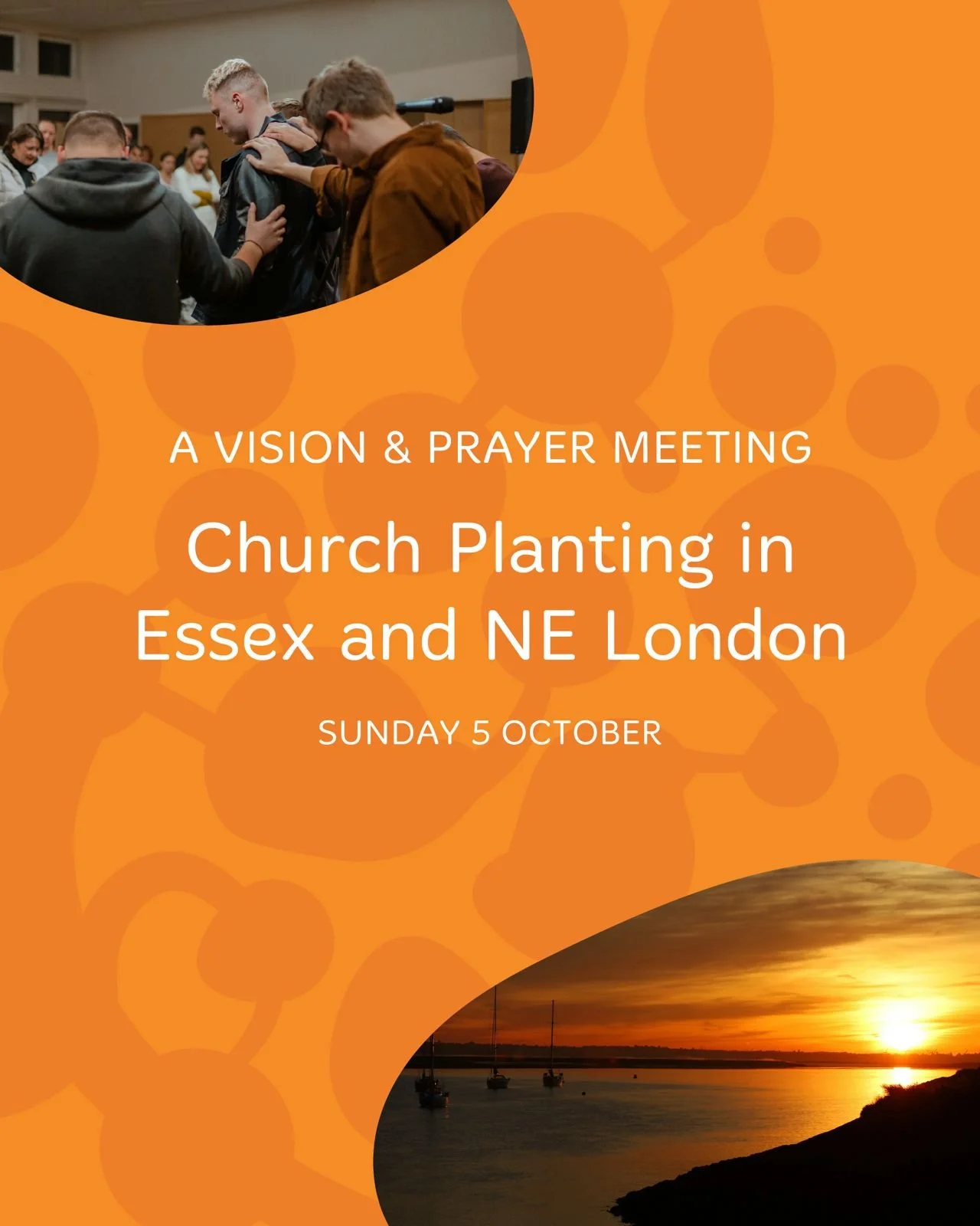Image of people praying and worshiping during a church event, with a sunset over boats on water.
