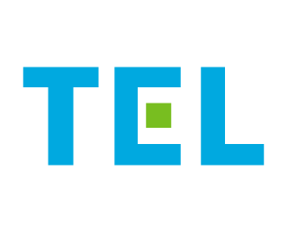 Logo with blue letters T, E, L and a green square inside the letter E.