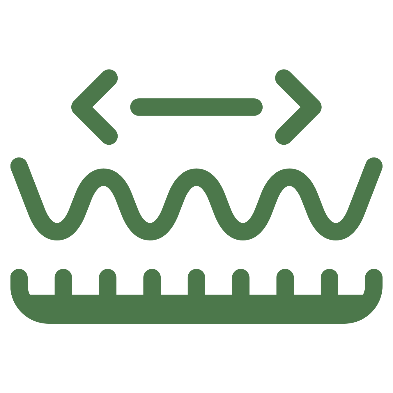 Green line icon showing a wavy vibration line above a ruler with left and right arrows, representing vibration analysis and surface measurement.