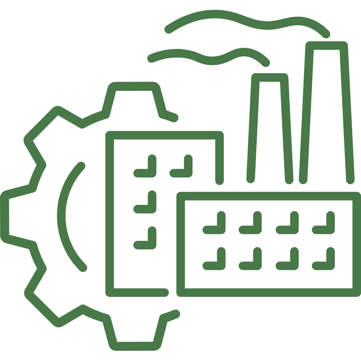 Industrial icon representing large-scale manufacturing, heavy equipment fabrication, and reliable solutions for demanding industrial environments.