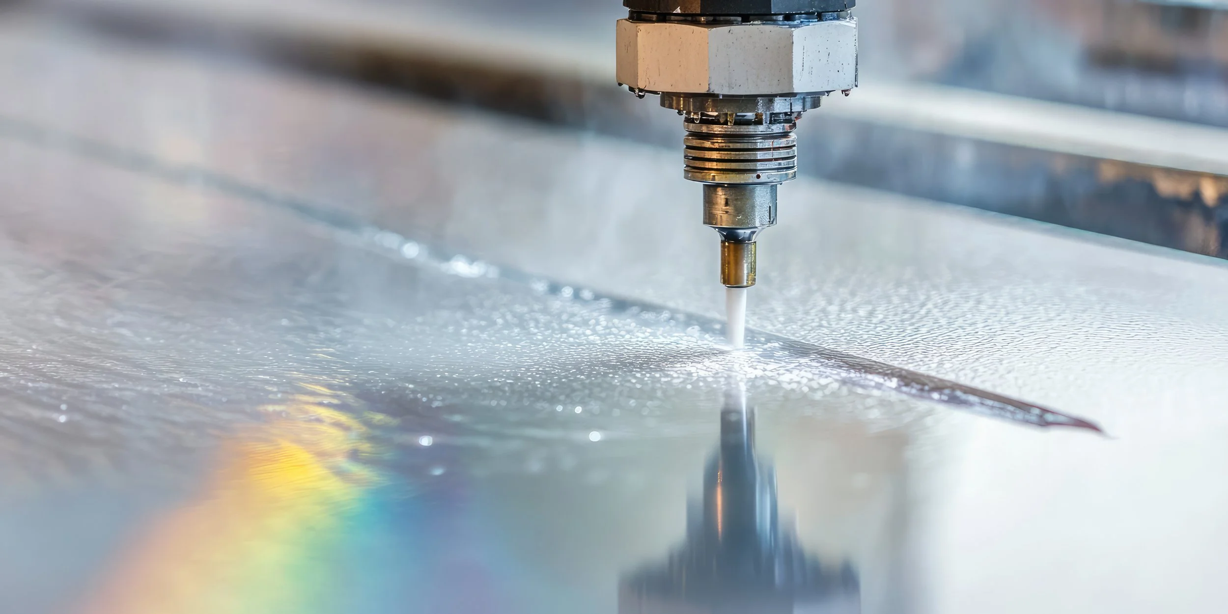 Waterjet cutting machine slicing metal with high precision, using cold-cut technology for clean edges and material integrity.