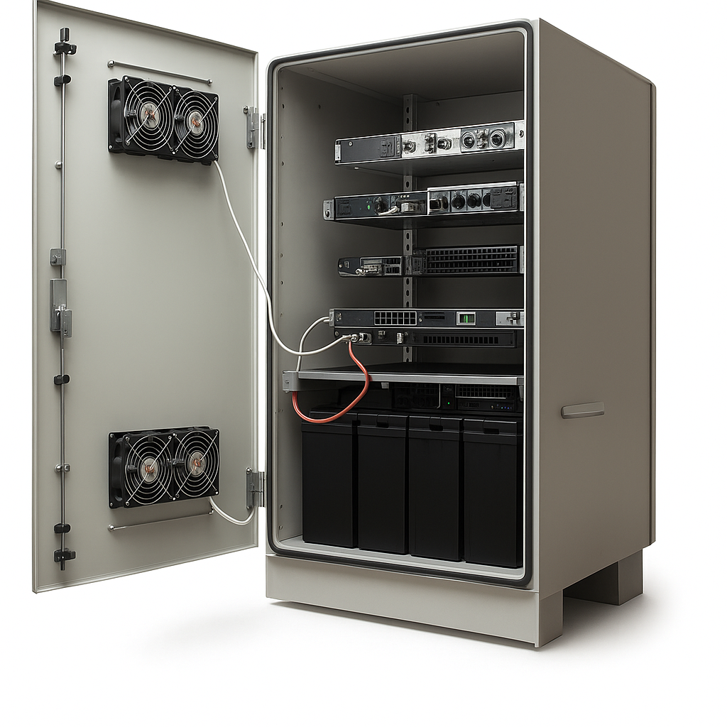 Electronic communication enclosure with integrated cooling fans and organized rack-mounted equipment, designed for secure housing of servers, routers, and power systems in industrial and technical environments. Provides protected, efficient infrastru