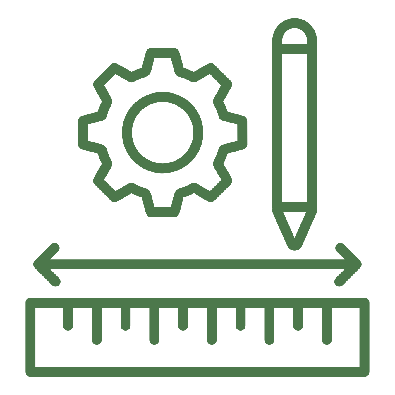 Green line icon showing a gear and pencil above a ruler with a horizontal measurement arrow, representing precision measurement, layout, and engineering design.