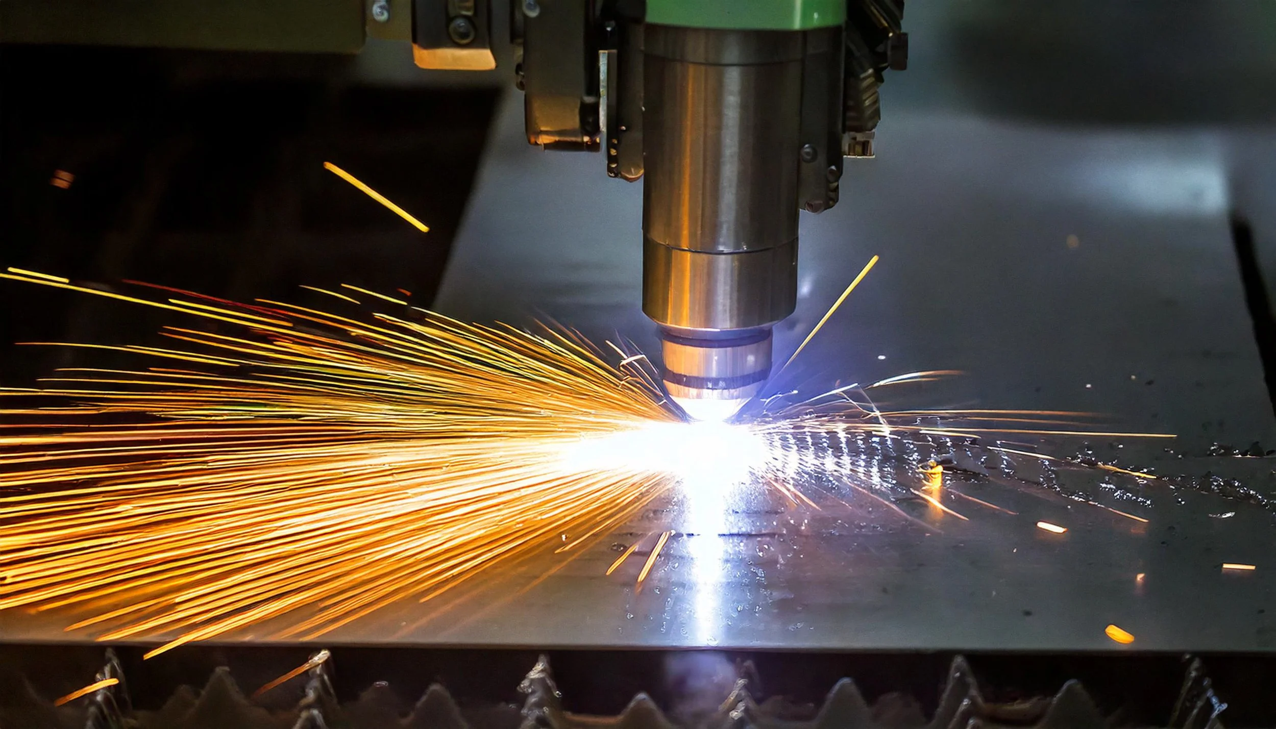 Industrial fiber laser cutting metal with high precision, showcasing advanced CNC laser technology for fast, accurate fabrication.