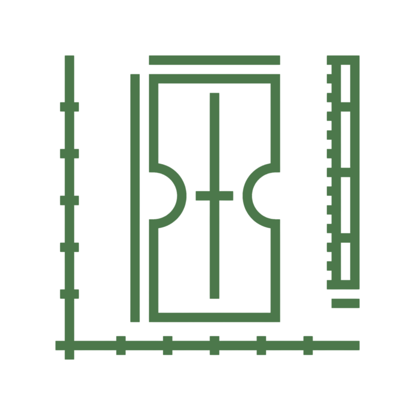 Green line icon depicting a structural component within measurement axes and scale marks, representing finite element analysis and engineering simulation.