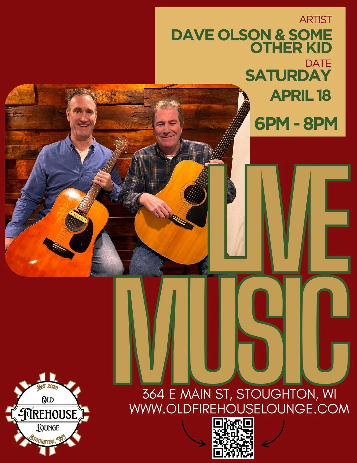 Dave Olson &amp; Some Other Kid &mdash; Saturday, April 18th

Saturday night acoustic duo alert! Dave Olson &amp; Some Other Kid bring double the guitars and double the good times to the Old Firehouse Lounge on April 18th from 6-8pm. These two make i