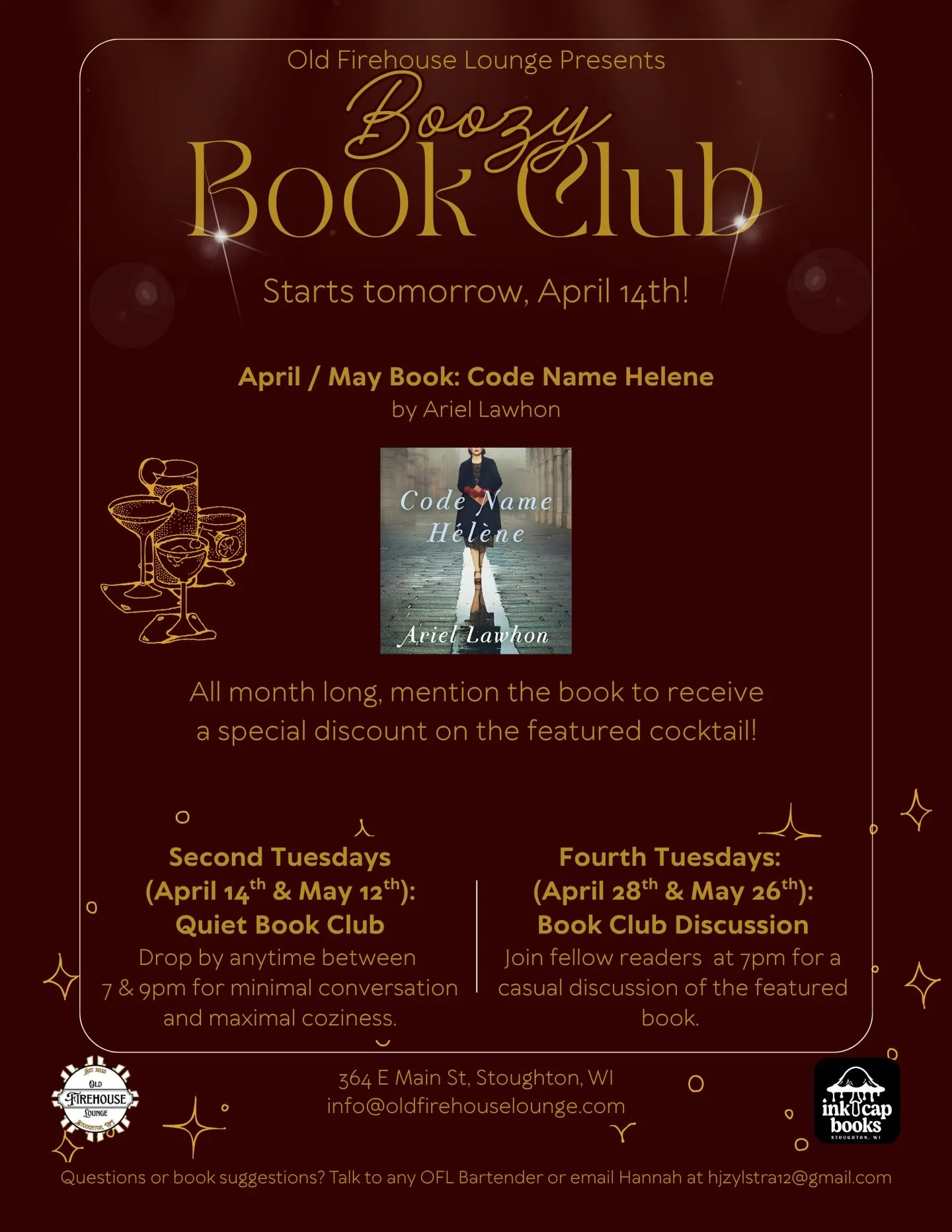 It&rsquo;s finally here! The Boozy Book Club at the Old Firehouse Lounge kicks off TOMORROW, April 14th, in partnership with Ink Cap Books. 
 
Our first pick is Code Name Helene by Ariel Lawhon &mdash; the gripping true story of Nancy Wake, an Austra