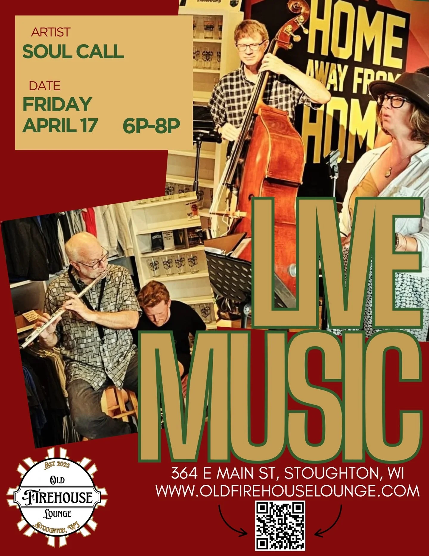 Soul Call is back! Join us Friday, April 17th from 6-8pm for soulful grooves featuring upright bass, flute, and vocals at the Old Firehouse Lounge. These folks know how to turn a Friday evening into something special. 
 
Come kick off the weekend at 