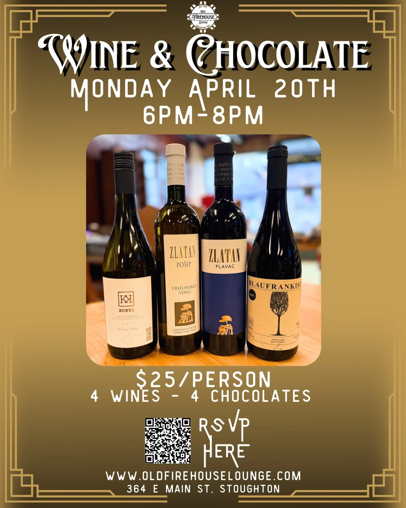 Something a little different this time! Monday, April 20th from 6-8pm, we&rsquo;re pouring Croatian and Eastern European wines at the Old Firehouse Lounge for our next Wine &amp; Chocolate tasting. 
 
The lineup features Kobyl Sauvignon Blanc, Zlatan