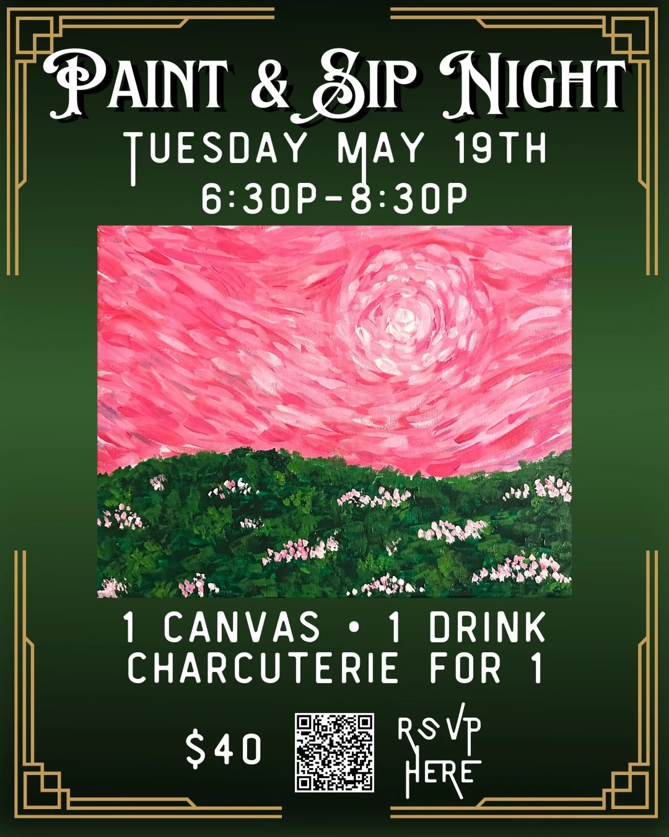 Swirl, sip, create. Paint &amp; Sip Night is coming to the Old Firehouse Lounge on Tuesday, May 19th from 6:30-8:30pm! 
 
For $40, you&rsquo;ll be guided through painting this gorgeous pink sky landscape &mdash; no experience needed. Your ticket incl