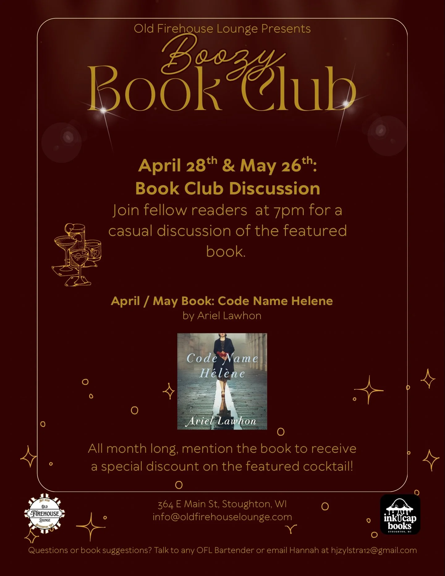 Reminder! TODAY is our Fourth Tuesday Book Club Discussion at the Old Firehouse Lounge! 
 
Join us at 7pm as we chat about the first half(ish) of Code Name Helene by Ariel Lawhon. Haven&rsquo;t finished yet? No worries &mdash; we&rsquo;re keeping it 