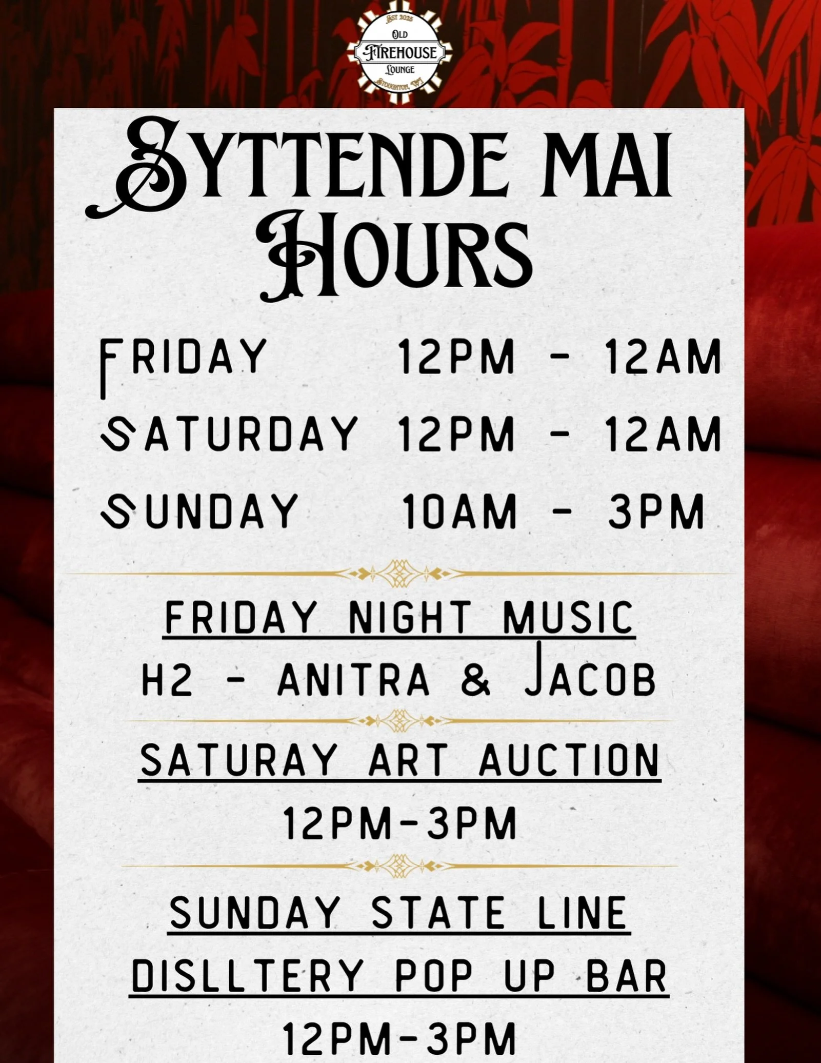 Syttende Mai weekend is HERE and we are ready for you! 
Here&rsquo;s everything happening at the Old Firehouse Lounge:
 
🇳🇴 Friday, May 15: Open 12pm-12am with live music from H2 - Anitra &amp; Jacob (5-7pm)
🇳🇴 Saturday, May 16: Open 12pm-12am wi