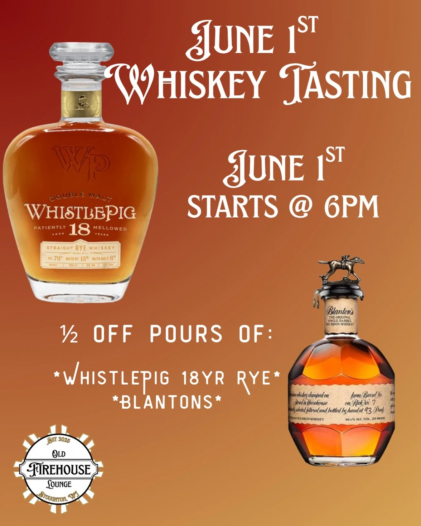 TONIGHT! Whiskey lovers, this one&rsquo;s for you. 
 
Join us at the Old Firehouse Lounge starting at 6PM for an extra special whiskey night featuring half-off pours of two absolute icons: WhistlePig 18 Year Straight Rye Whiskey and Blanton&rsquo;s S