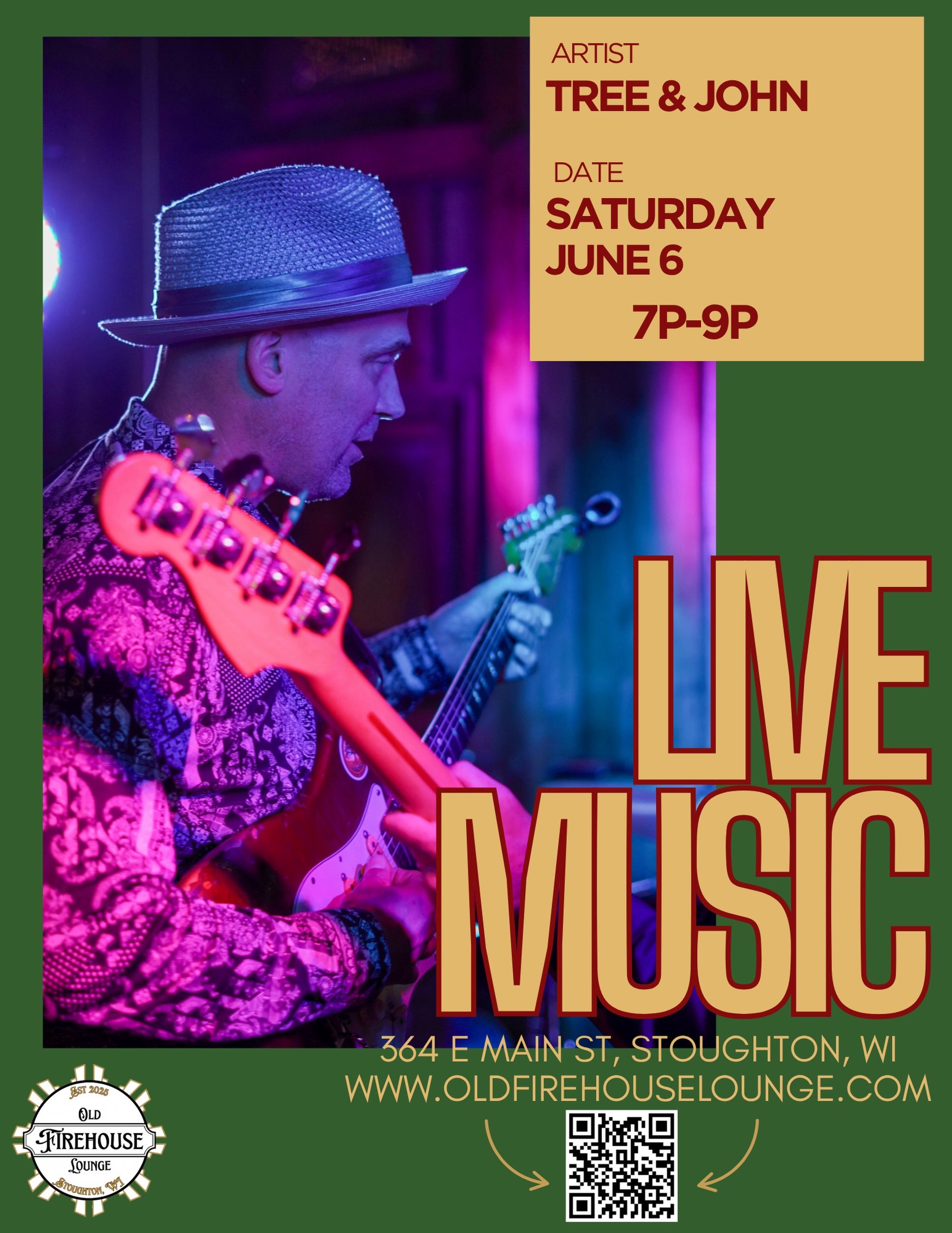 Saturday night is calling and Tree &amp; John are answering! 
 
Catch this dynamic duo live at the Old Firehouse Lounge on Saturday, June 6th from 7-9pm. Bring on the funk, bring on the groove &mdash; this is the kind of show that turns a regular Sat