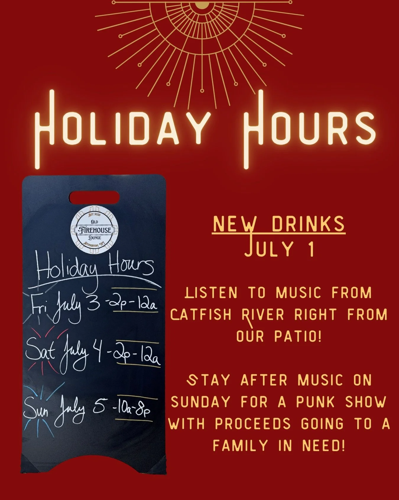 🎆 Happy 4th of July weekend from the Old Firehouse Lounge! 🎆
 
We&rsquo;ve got a packed holiday weekend lined up &mdash; here&rsquo;s what you need to know:
🍹 New drinks drop July 1!
🎵 Catch Catfish River live from our patio &mdash; the perfect s
