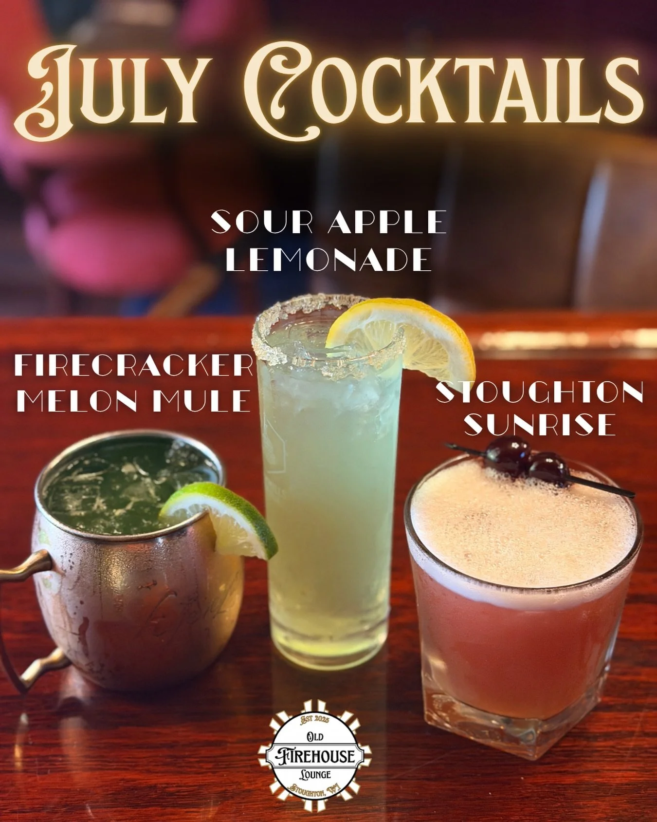 ☀️ July cocktails are HERE and they&rsquo;re giving full summer vibes! 🍹
 
Introducing our three new drinks of the month:
 
🥃 Firecracker Melon Mule &mdash; melon, vodka &amp; ginger beer served in a frosty copper mug
🍋 Sour Apple Lemonade &mdash;