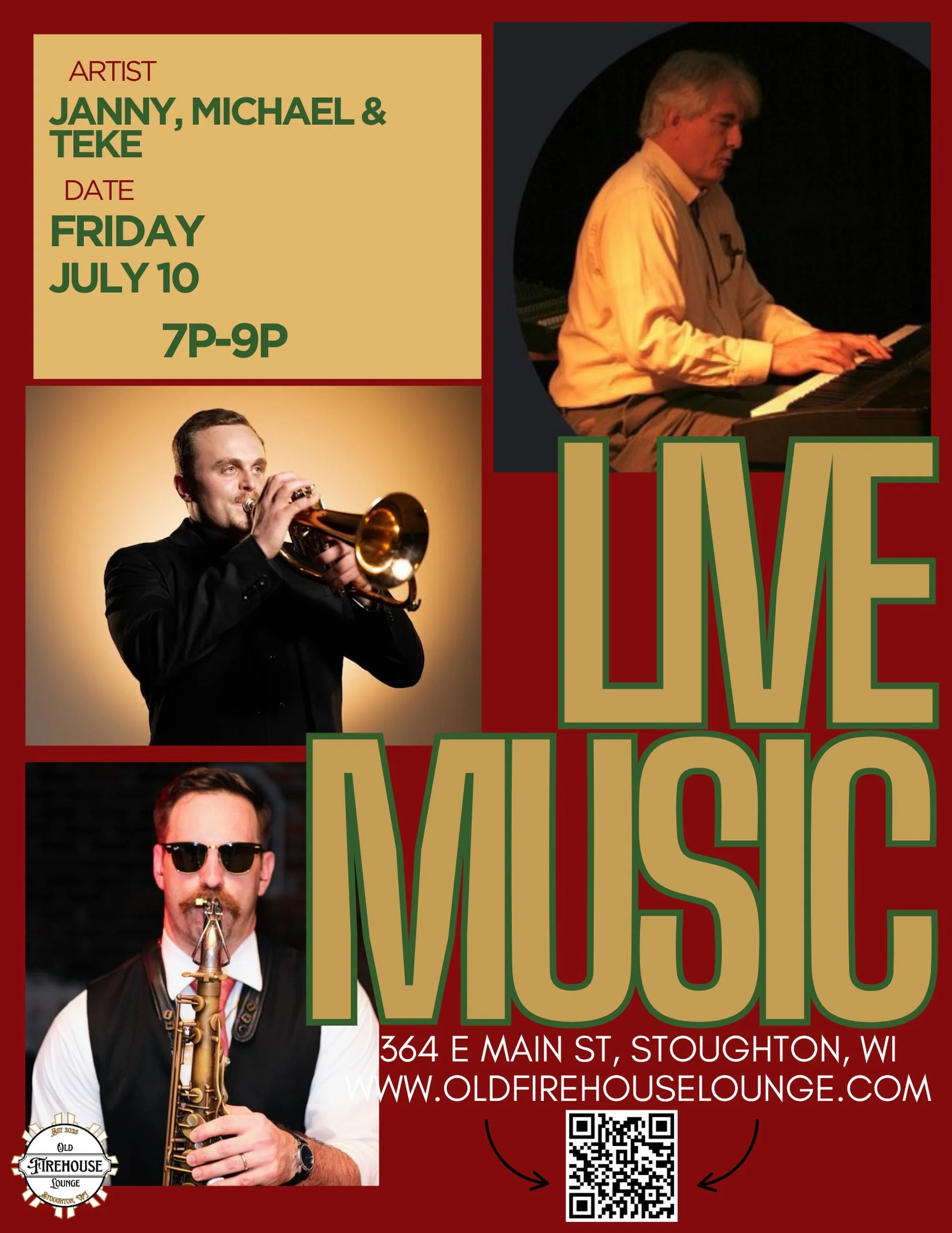 Janny, Michael &amp; Teke &mdash; Friday, July 10
 
Start your weekend with some serious sound. 🎷🎺🎹 Janny, Michael &amp; Teke bring the heat to the Old Firehouse Lounge this Friday, July 10 from 7&ndash;9pm. 
 
Keys, trumpet, sax &mdash; it&rsquo;