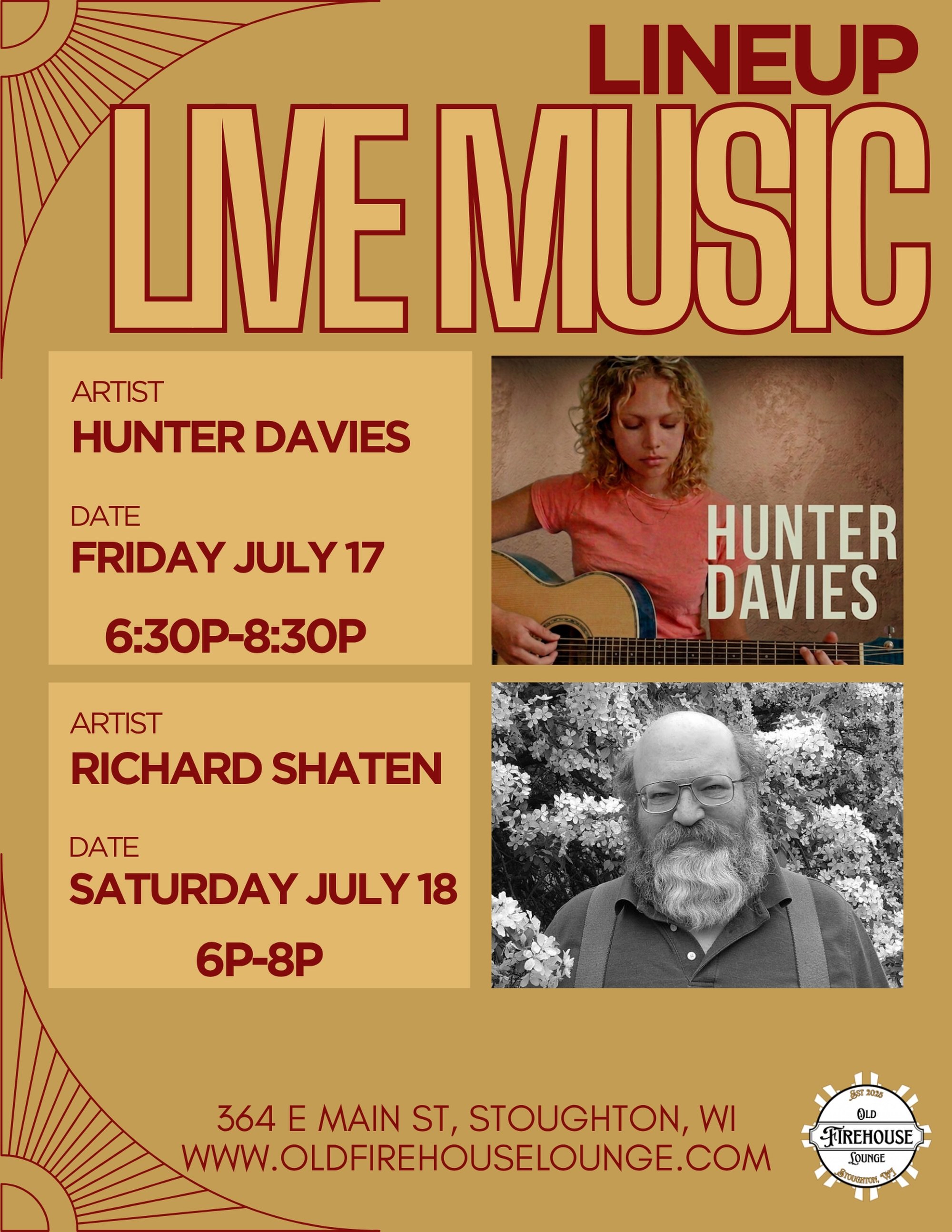 🎸 This weekend&rsquo;s live music lineup is stacked! 🎶
 
We&rsquo;ve got two great nights of music coming your way at the Old Firehouse Lounge:
 
🎤 Friday, July 17 &mdash; Hunter Davies | 6:30&ndash;8:30pm
🎸 Saturday, July 18 &mdash; Richard Shat