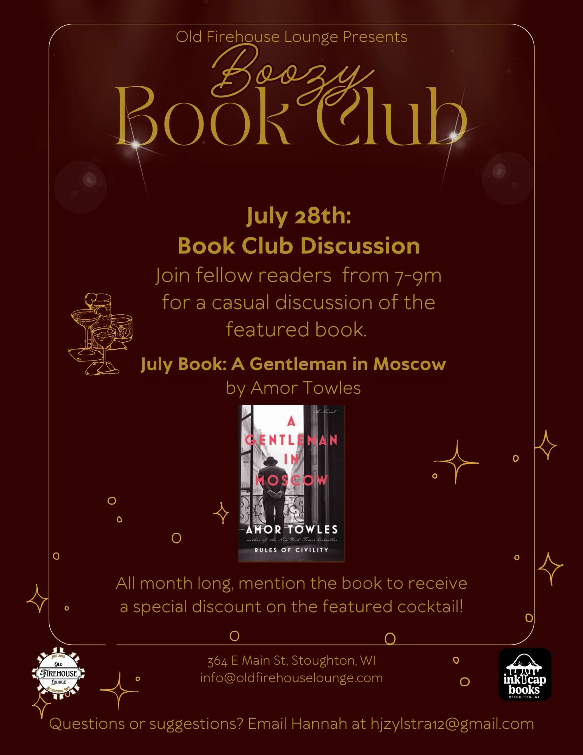 📖 Boozy Book Club Discussion &mdash; Tuesday, July 28!
 
Finished A Gentleman in Moscow? Come talk about it! Join fellow readers from 7&ndash;9pm for a casual, no-pressure discussion of this month&rsquo;s pick by Amor Towles.
 
Still working through