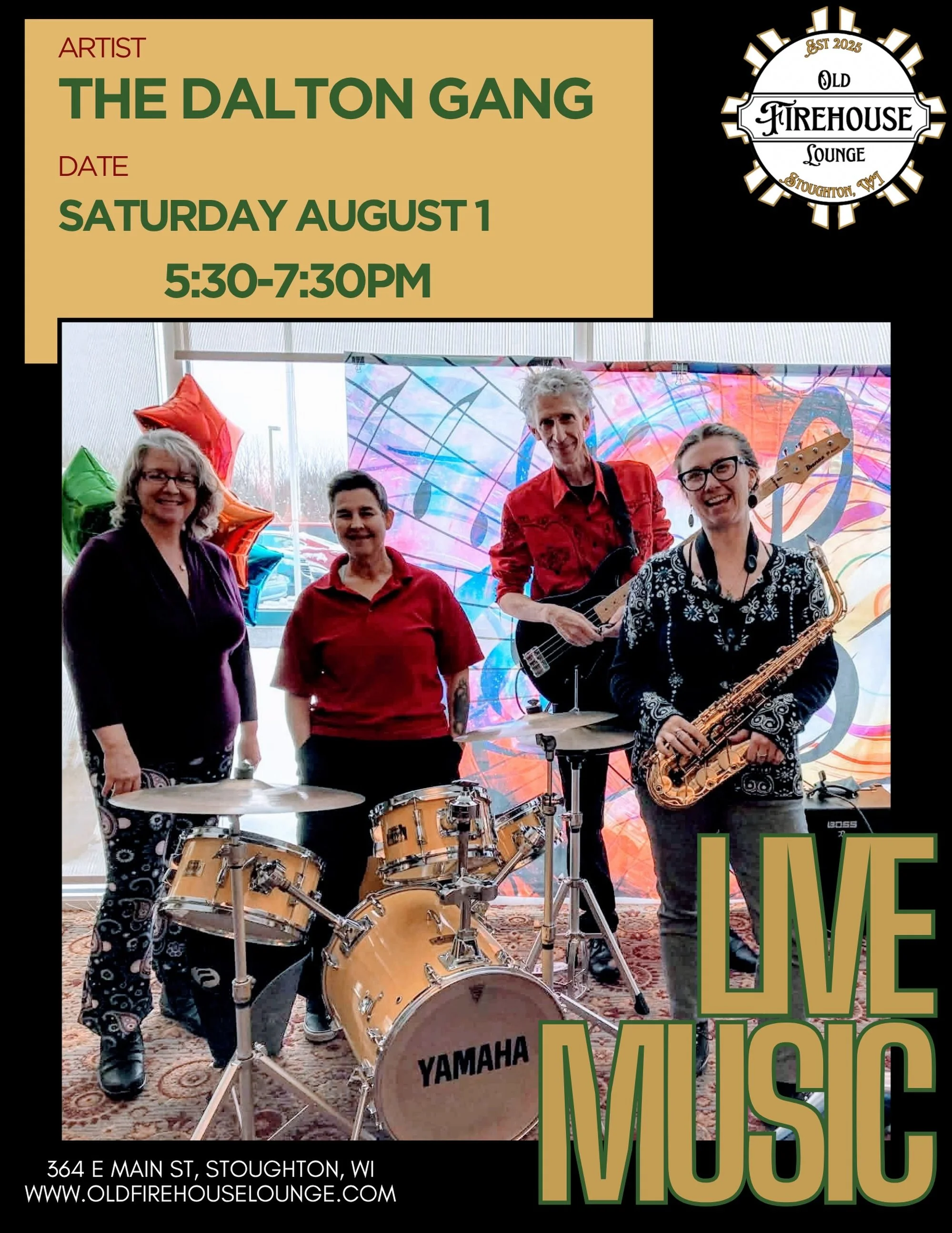 🎸 August kicks off with a bang!
 
The Dalton Gang brings the party to the Old Firehouse Lounge &mdash; Saturday, August 1 from 5:30&ndash;7:30pm. Bass, sax, drums, and all-around great energy to get your weekend rolling early.
 
Come on out and star