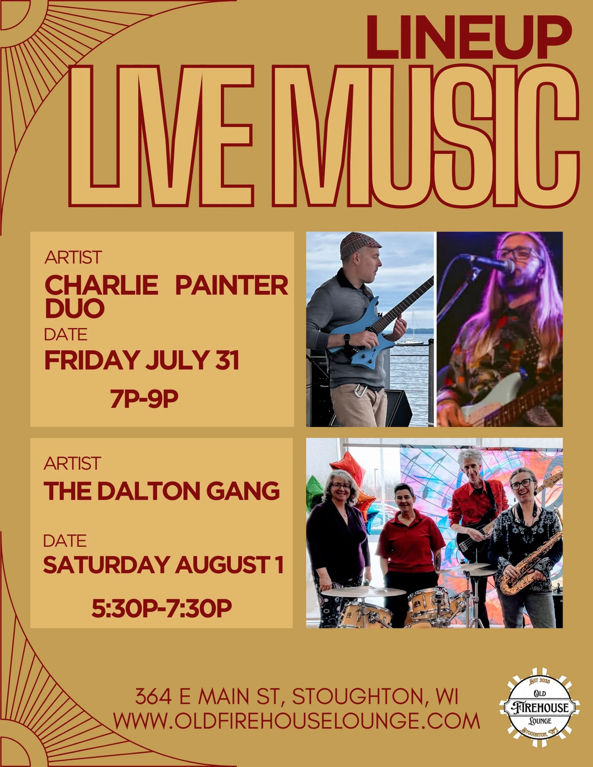 🎶 Live music all weekend long at the Old Firehouse Lounge!
 
We&rsquo;re bridging July into August with two great nights:
 
🎷 Friday, July 31 &mdash; Charlie Painter &amp; Brian Grimm | 7&ndash;9pm. Jazzy, unique, and the perfect way to close out t