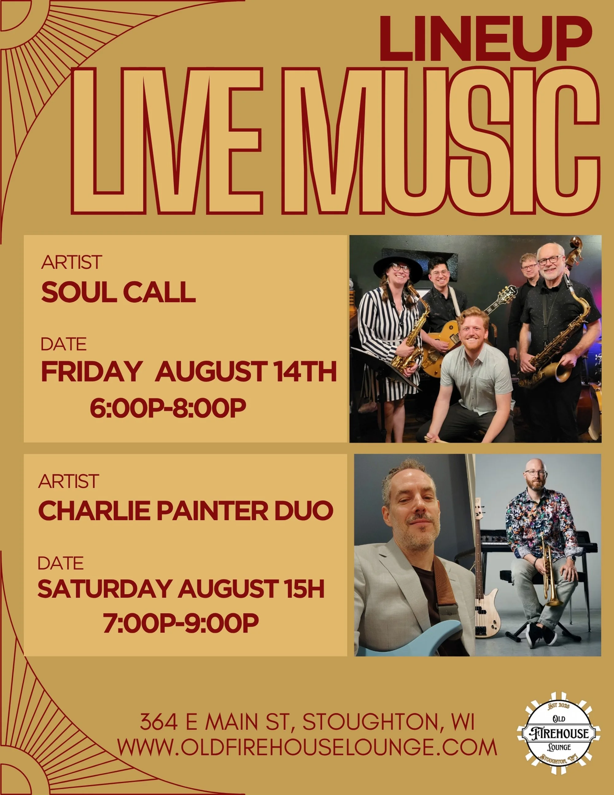 🎶 Live music all weekend at the Old Firehouse Lounge!
 
Two great nights of music coming your way:
 
🎷 Friday, August 14 &mdash; Soul Call | 6&ndash;8pm. Our soulful favorites are back with upright bass, sax, and vocals to kick off your weekend.
🎸