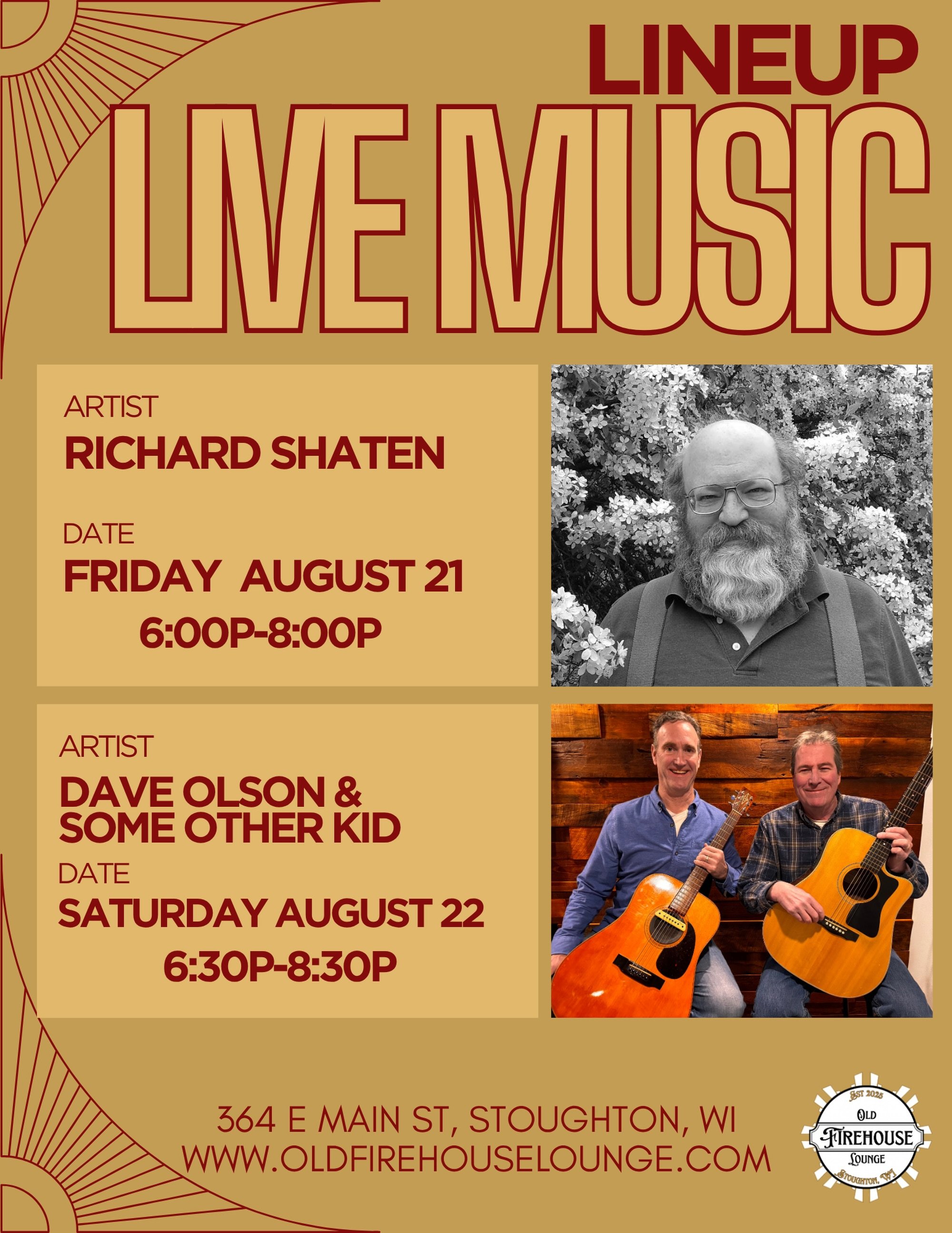 Richard Shaten starts at 6pm tonight. Come on down with your requests! He&rsquo;s one that knows almost everything!
 
Saturday we will be joined by &ldquo;Dave Olson and Some Other Kid&rdquo; from about 6/6:30 until 8ish. Come and support small town 