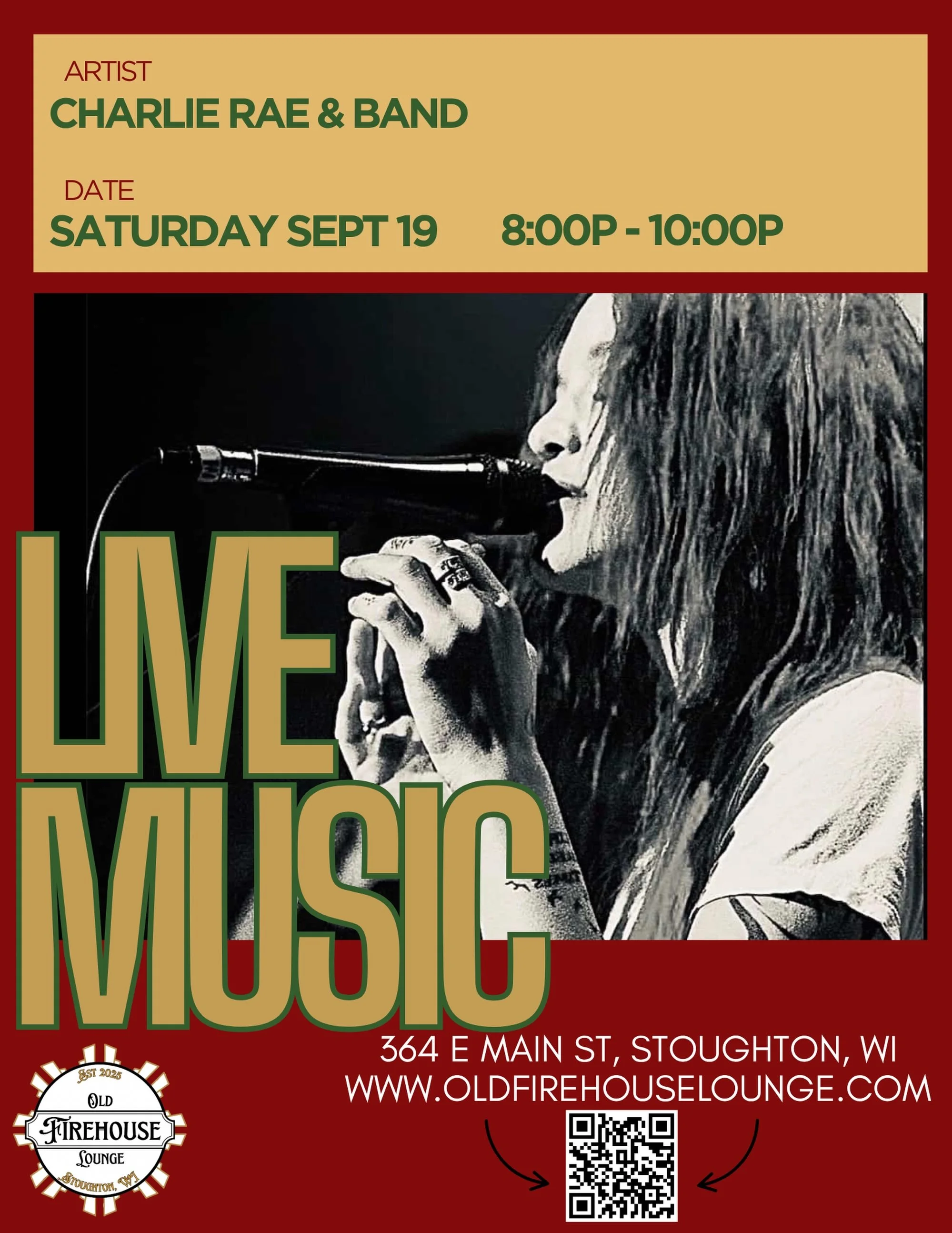 🎤 Saturday night live music at the Old Firehouse Lounge!
 
Charlie Rae &amp; Band take the stage Saturday, September 19 from 8&ndash;10pm. A little later, a little louder &mdash; come out for a soulful, high-energy set to make your Saturday night on