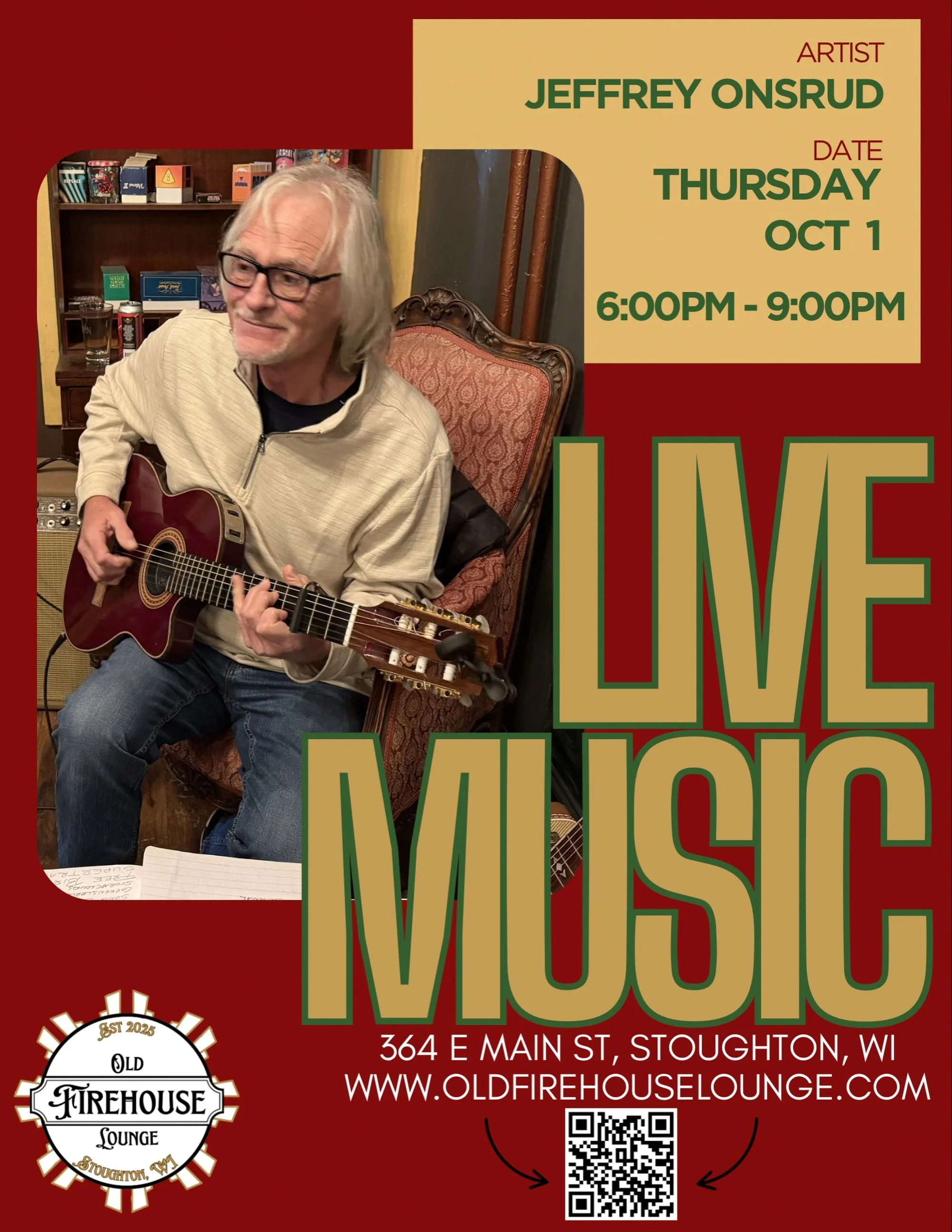 🎸 Live music this Thursday!
 
Jeffrey Onsrud takes the stage at the Old Firehouse Lounge &mdash; Thursday, October 1 from 6&ndash;9pm. Come kick off October with a warm, mellow set and good company. The perfect midweek unwind.
 
364 E Main St, Stoug