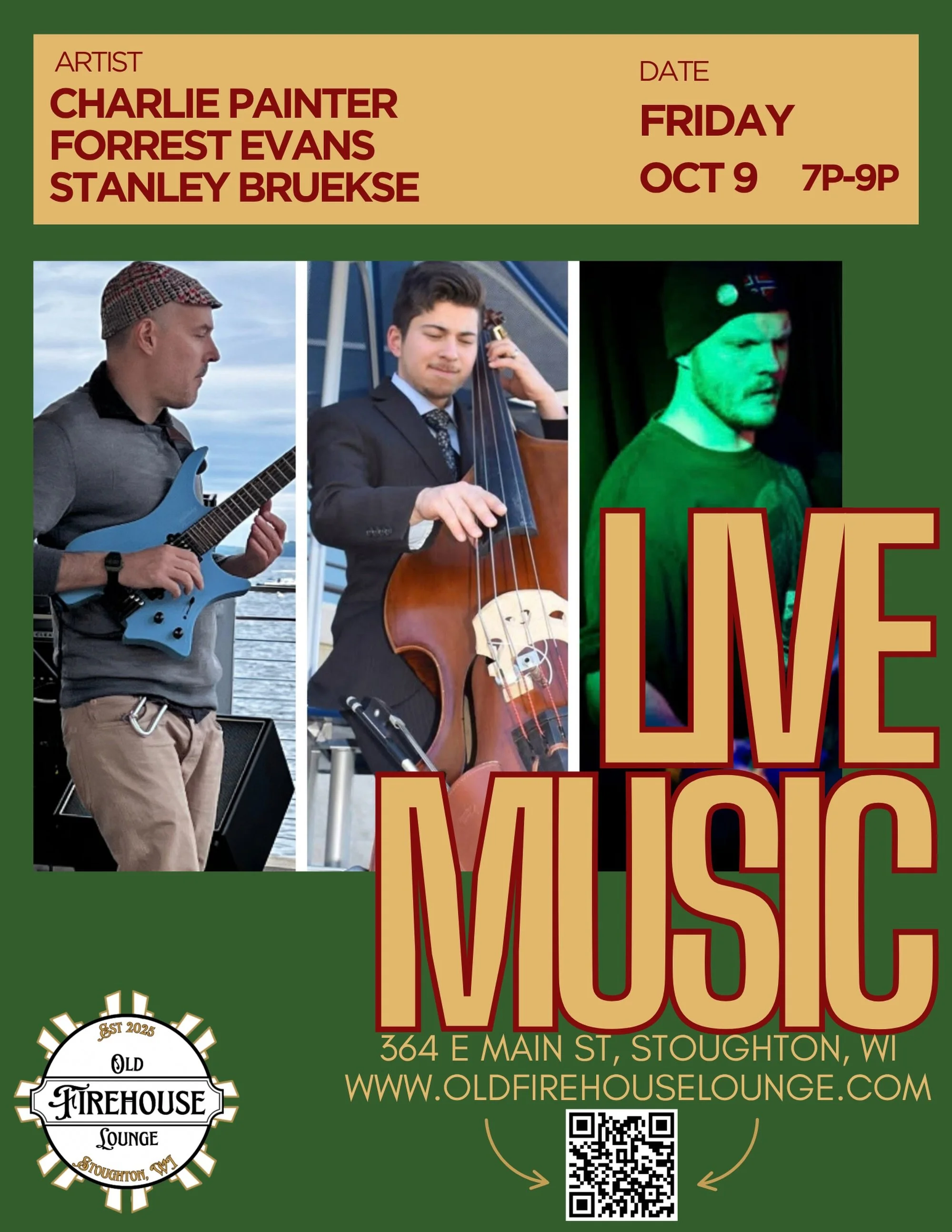 🎸 Live music this Friday!
 
Charlie Painter, Forrest Evans, &amp; Stanley Bruekse take the stage at the Old Firehouse Lounge &mdash; Friday, October 9 from 7&ndash;9pm. Guitar and upright bass, working together for a rich, dynamic evening. The perfe