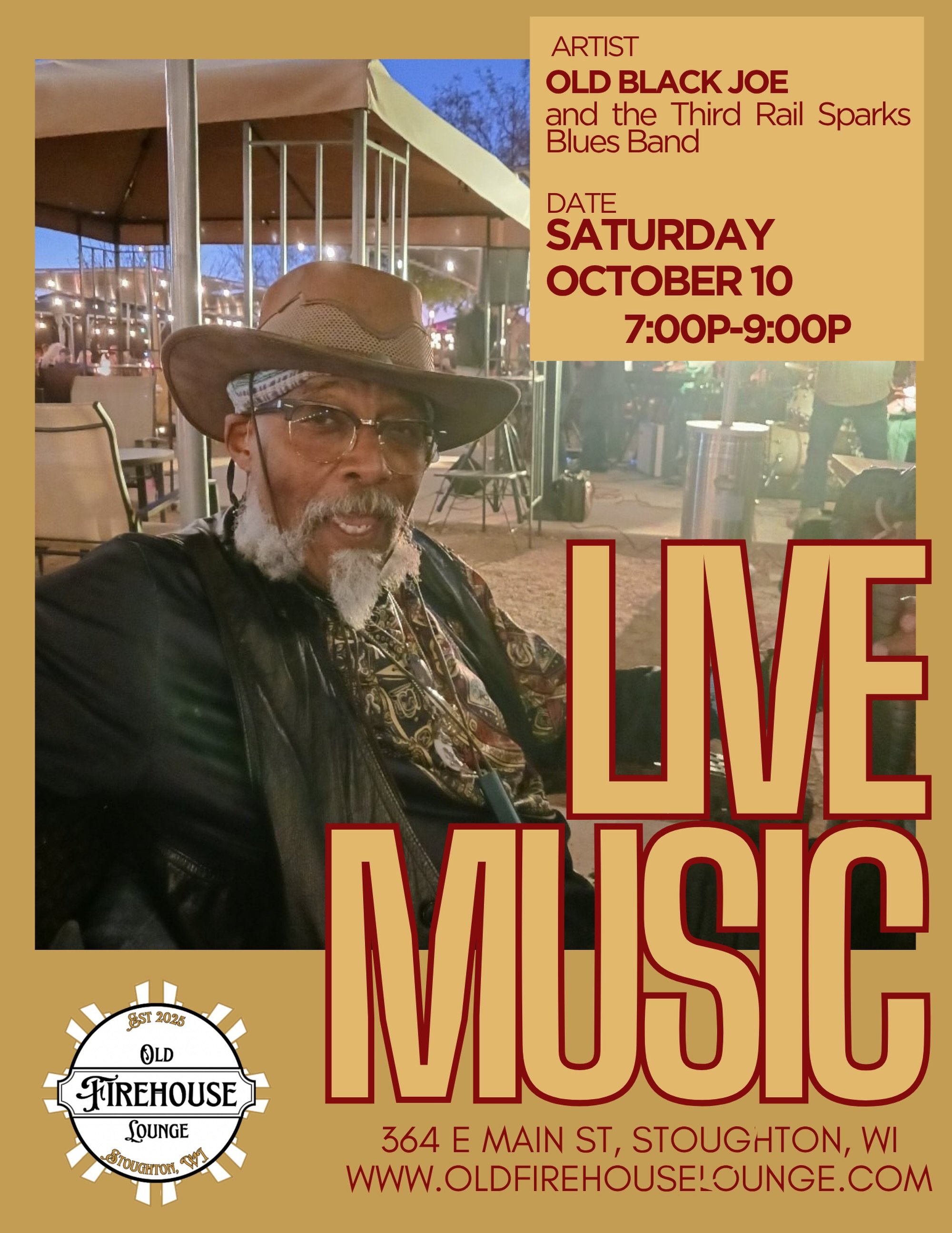 🎤 The blues are back this Saturday!
 
Old Black Joe and the Third Rail Sparks Blues Band take the stage at the Old Firehouse Lounge &mdash; Saturday, October 10 from 7&ndash;9pm. Come soak up an evening of soulful, gritty, foot-tapping blues &mdash;