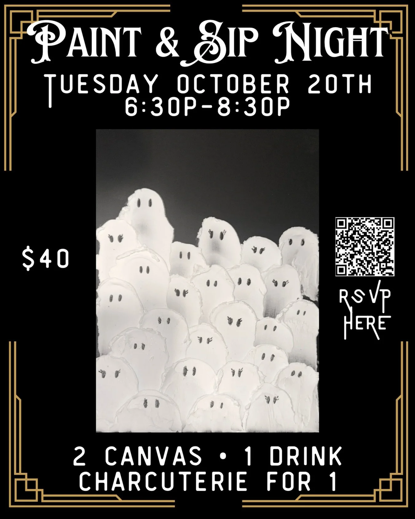 👻 Paint &amp; Sip Night &mdash; Spooky Edition! 🎨
 
Get in the Halloween spirit with us at the Old Firehouse Lounge! Join us Tuesday, October 20 from 6:30&ndash;8:30pm to paint your own cozy little ghost gang &mdash; no experience needed, just good