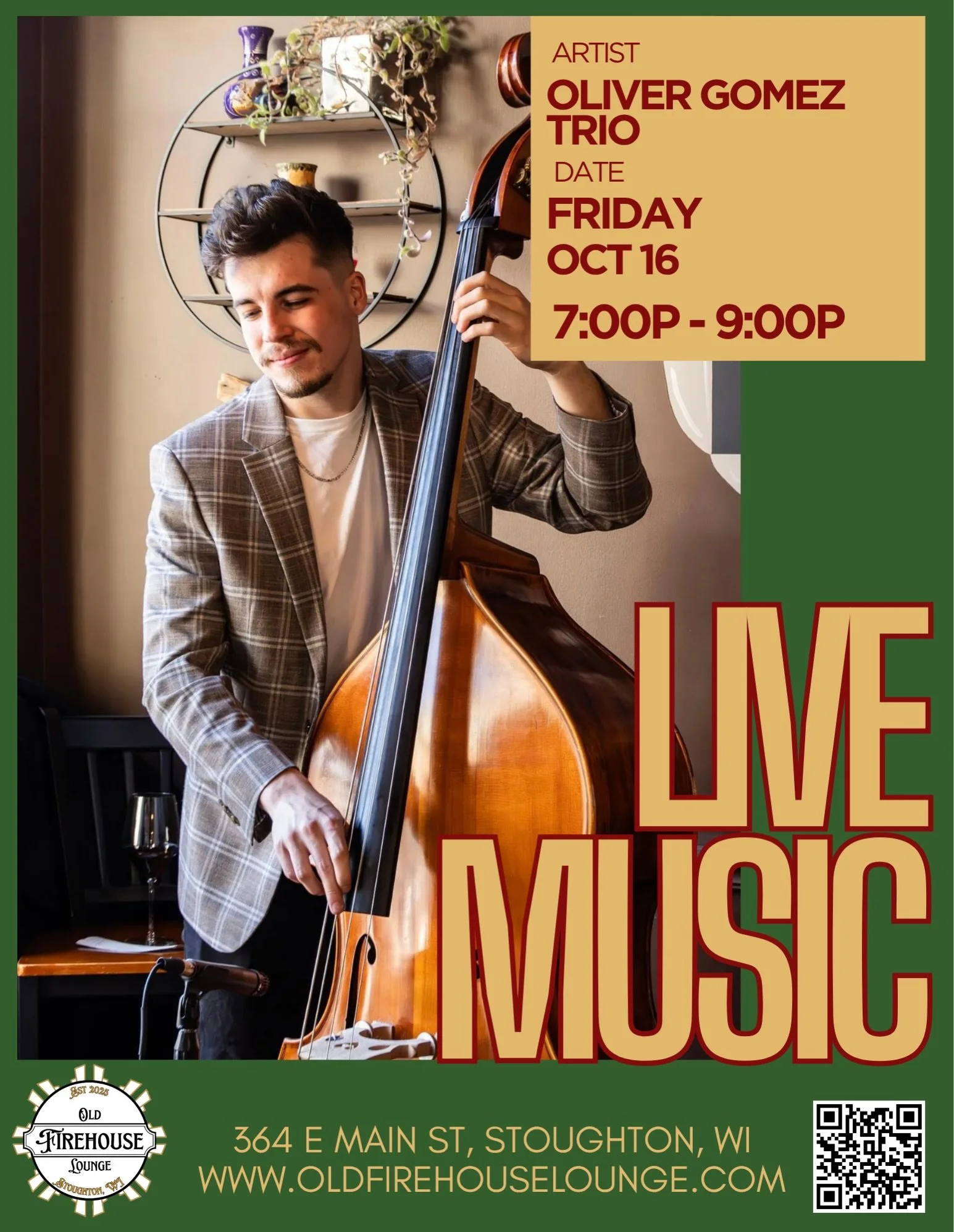 🎶 Live music all weekend at the Old Firehouse Lounge!
 
Two great nights coming your way:
 
🎸 Friday, October 16 &mdash; Oliver Gomez Trio | 7&ndash;9pm. Smooth, upright-bass-driven jazz to start your weekend right.
⚡ Saturday, October 17 &mdash; T