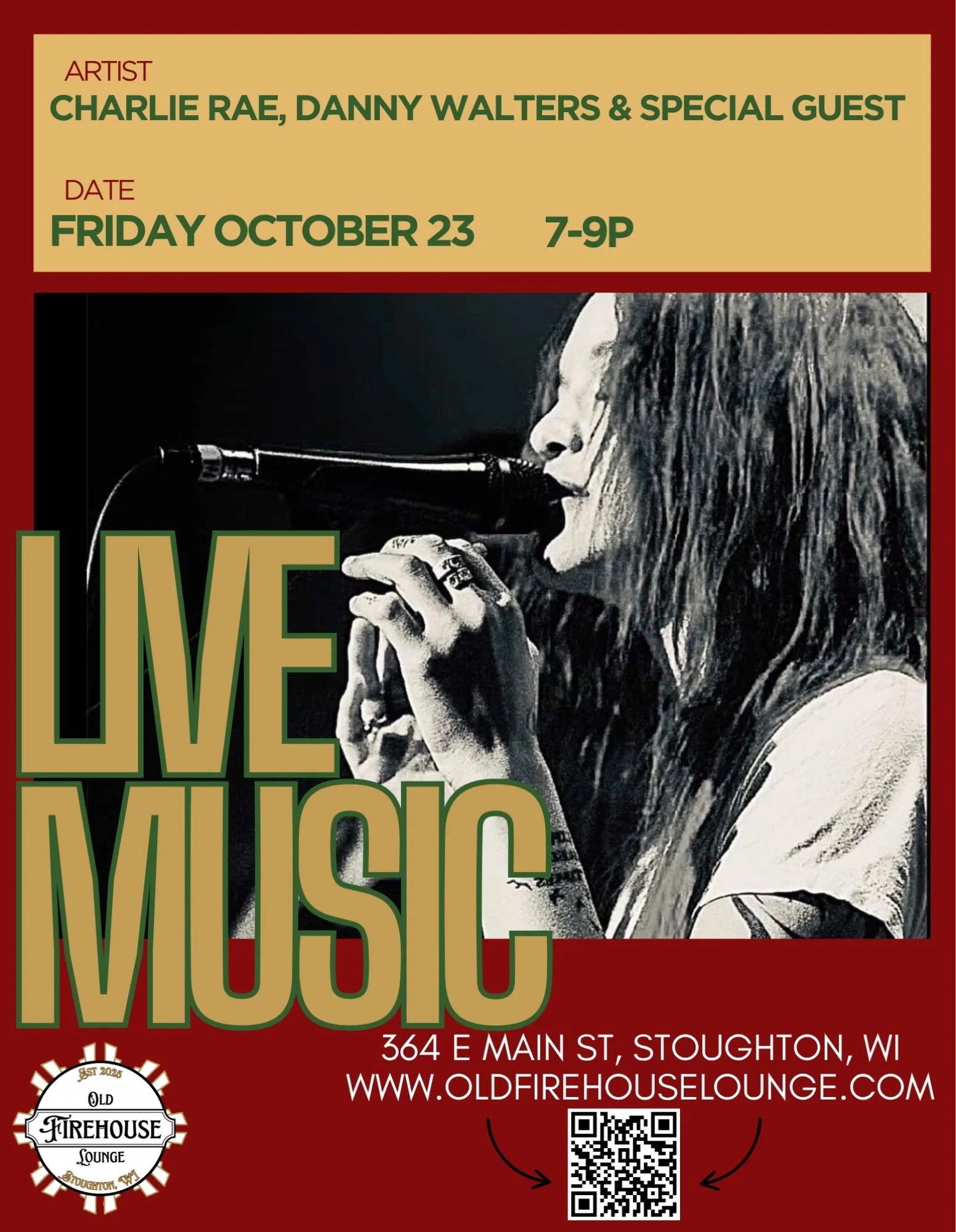 🎤 Live music this Friday at the Old Firehouse Lounge!
 
Charlie Rae, Danny Walters &amp; a special guest take the stage &mdash; Friday, October 23 from 7&ndash;9pm. Come out for a soulful, high-energy collaboration you won&rsquo;t want to miss. You 