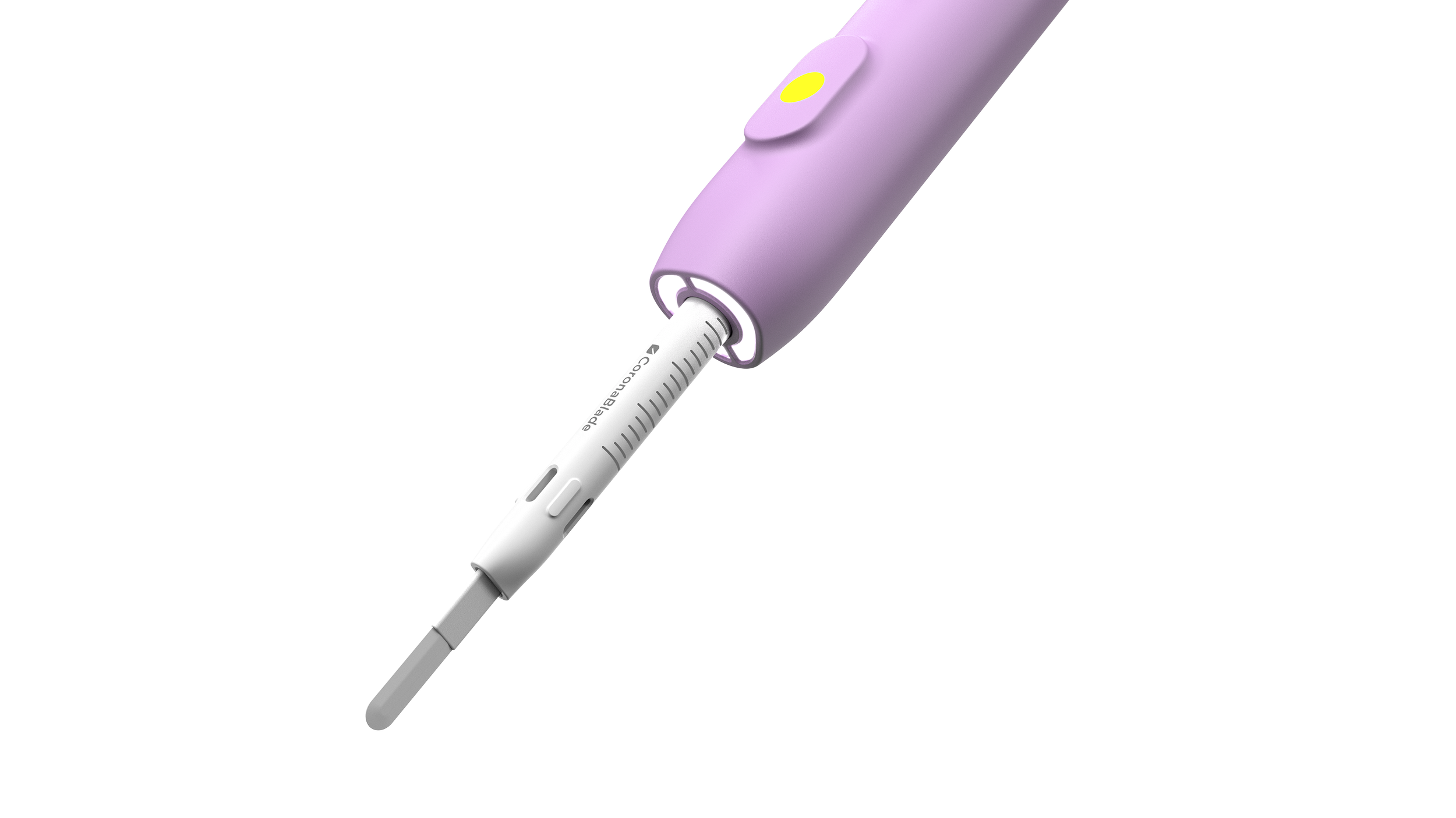 Close-up rendering of the Lamina Surgical's CoronaBlade handle and blade tip.