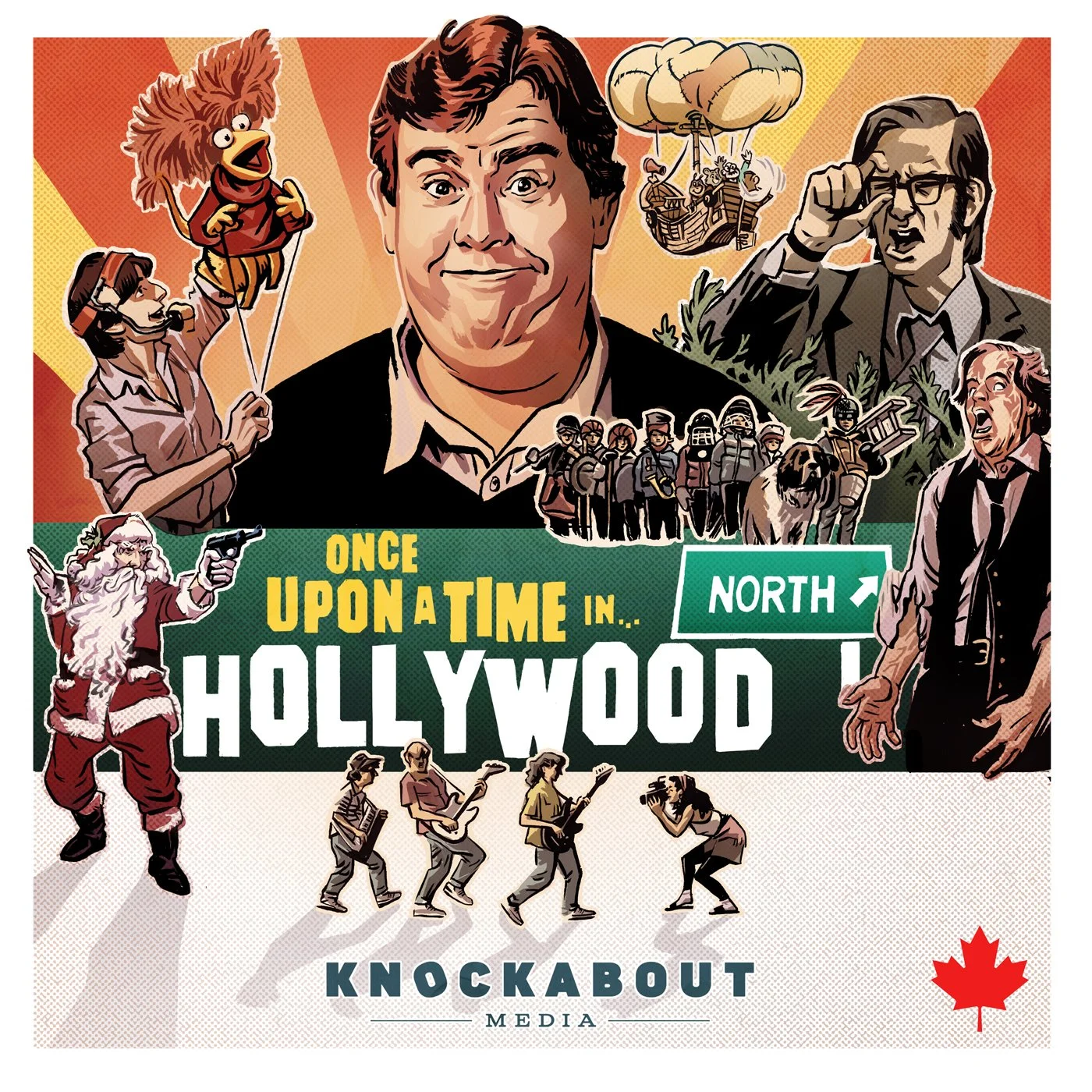 Collage featuring various elements including three men in suits, an old television, a mythical creature, a "North" highway sign, and vintage imagery like a car and people in colorful suits. The text "Once Upon a Time in Hollywood" is in bold. A maple leaf symbol is present, alongside "Knockabout Media" at the bottom.
