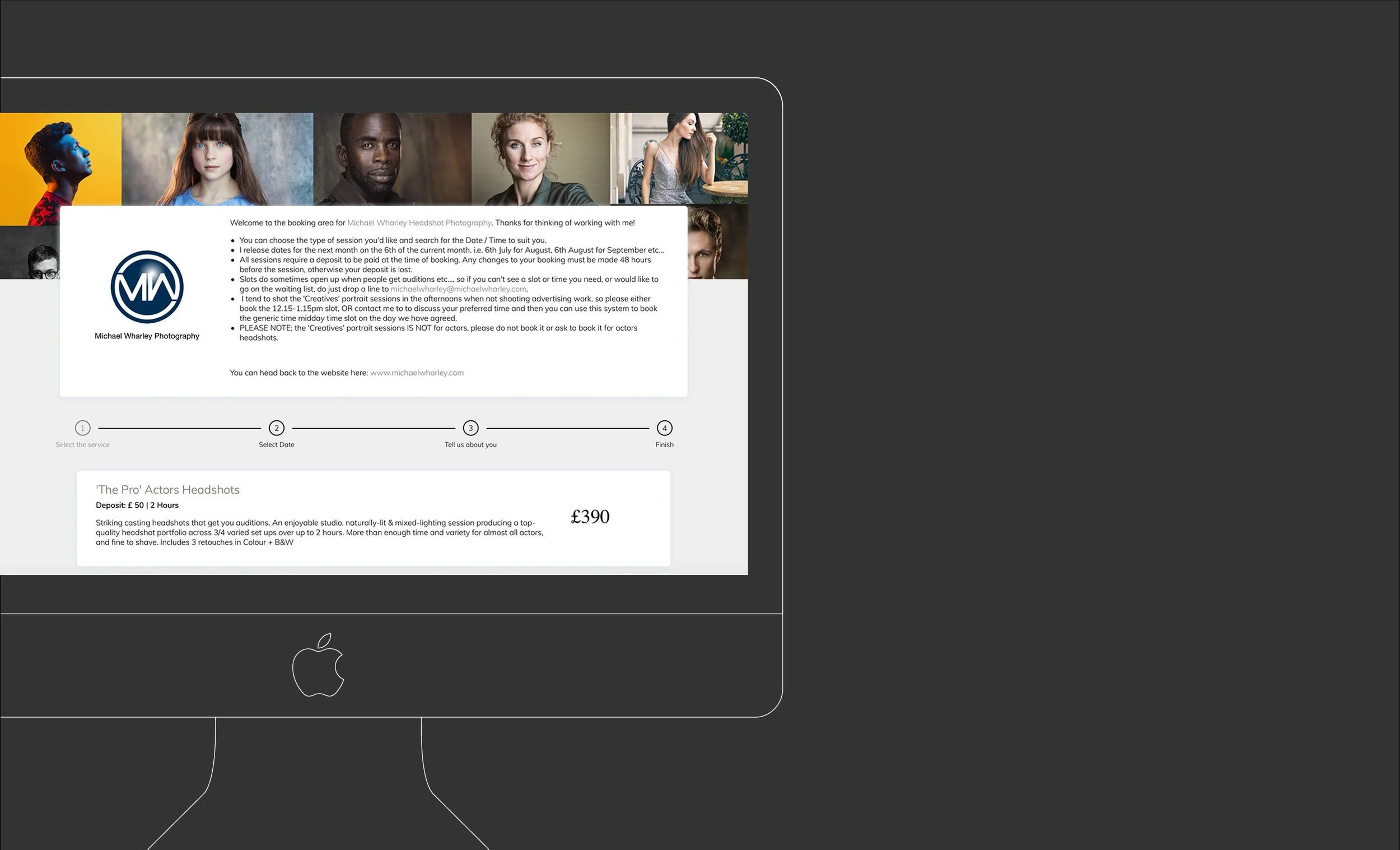 Computer screen displaying a photography booking page with headshot images and service details.