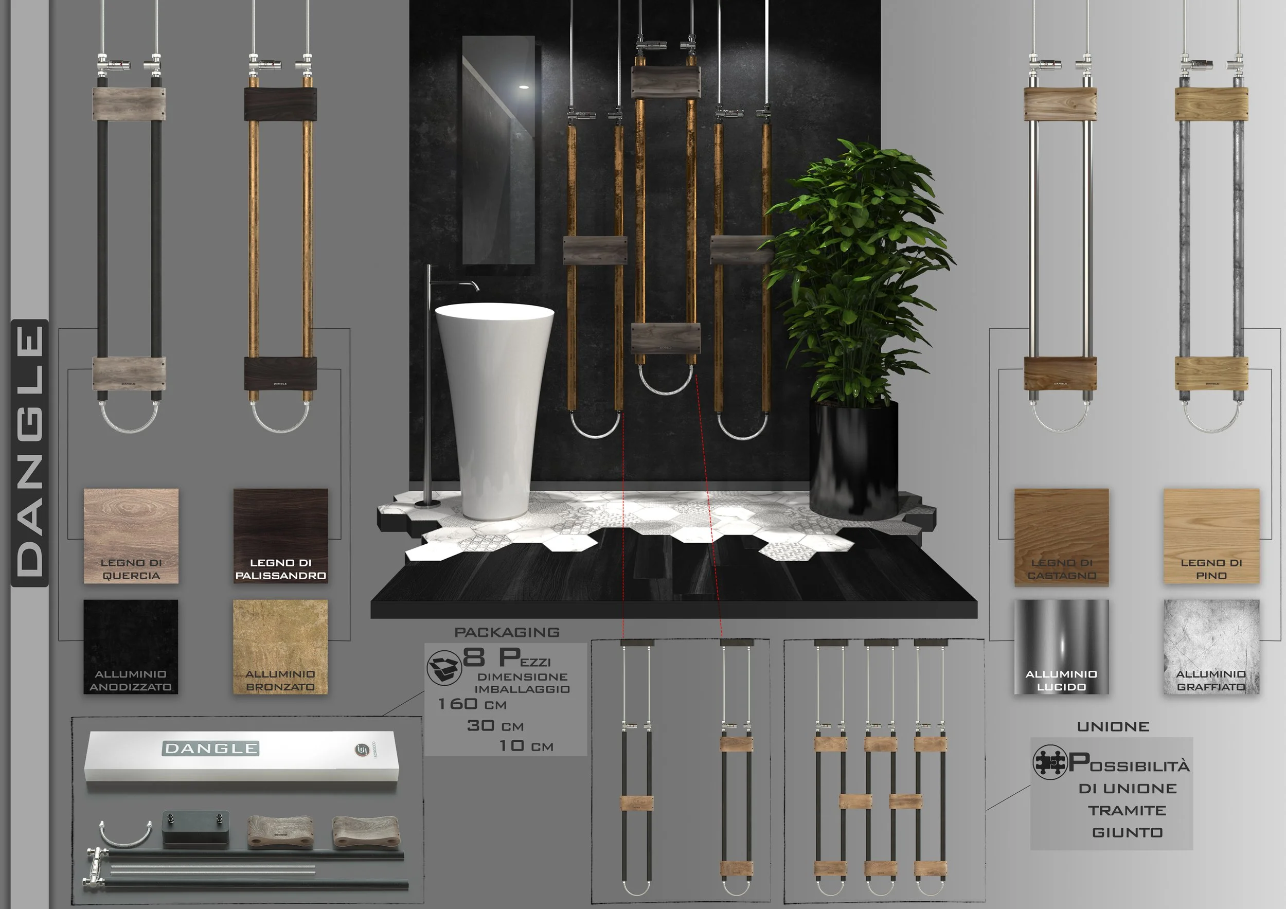 Progetto di dispositivo di design "Dangle" con materiali legno e alluminio, elementi sospesi utilizzabili in arredamento interno, con vista di packaging e specifiche di materiali.  Arch-12 - A-12-Simone Rosi design