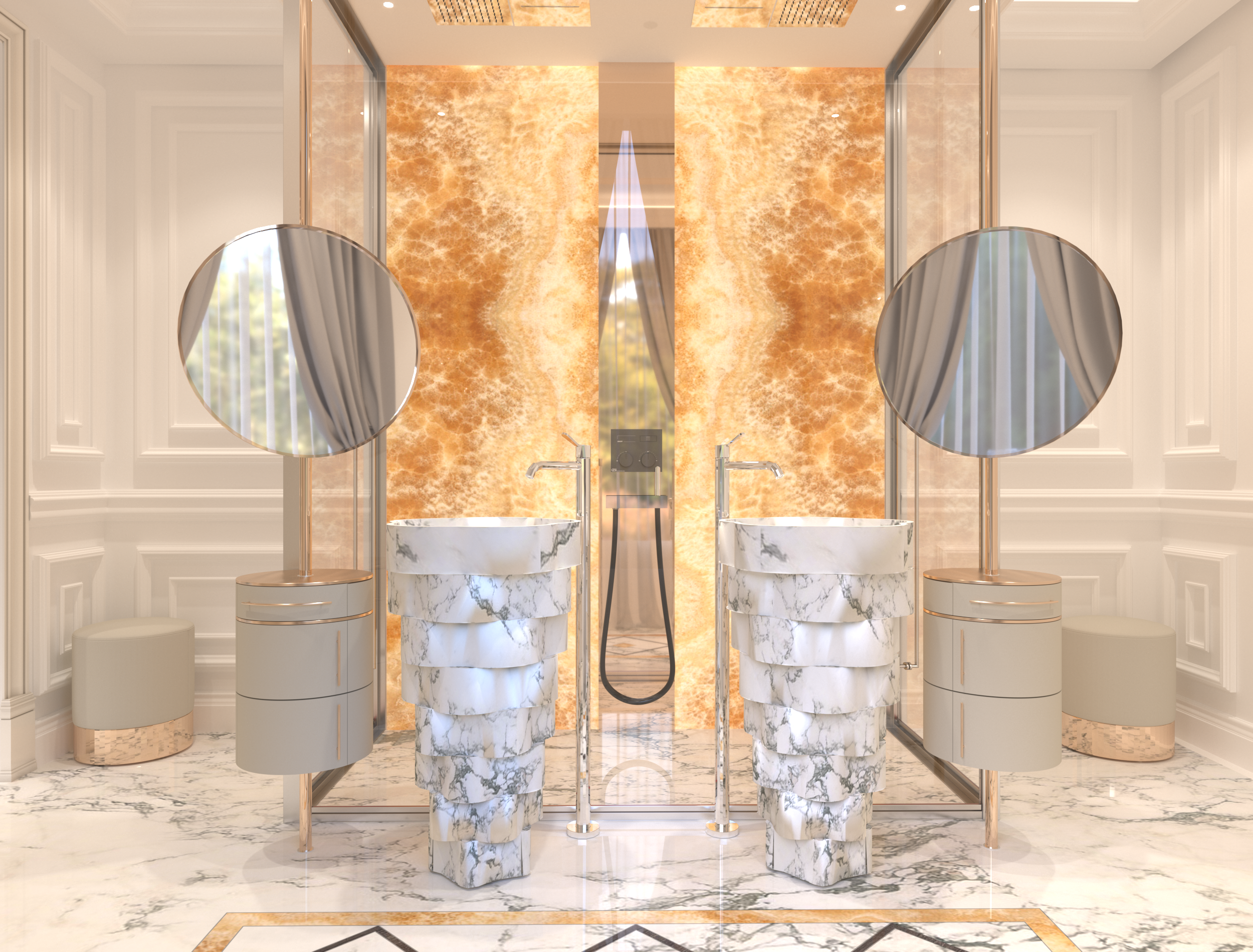 Lussuoso bagno moderno con due lavabi in marmo bianco, specchi rotondi, pareti in marmo arancione retroilluminate, pavimento in marmo e decorazioni eleganti.