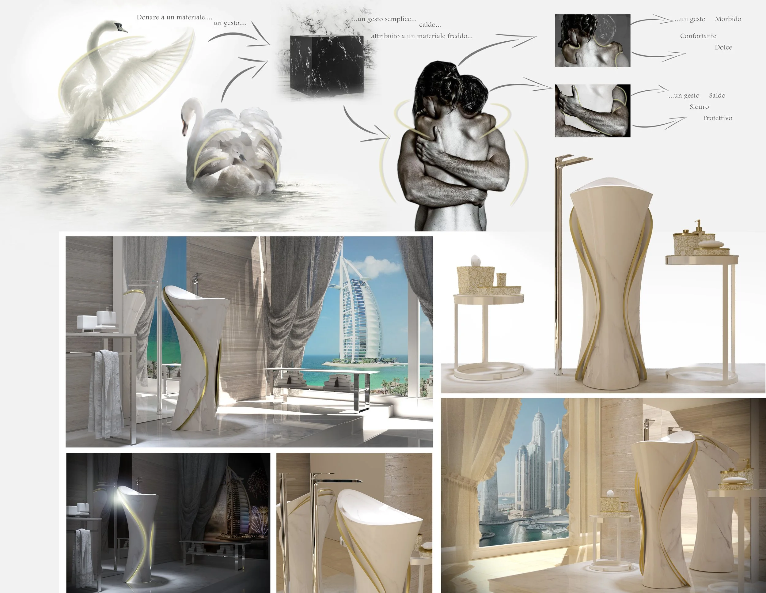 Rendering di un lavabo di design ispirato ai cigni, con elementi di lusso e vista su Dubai.  Arch-12 - A-12-Simone Rosi design