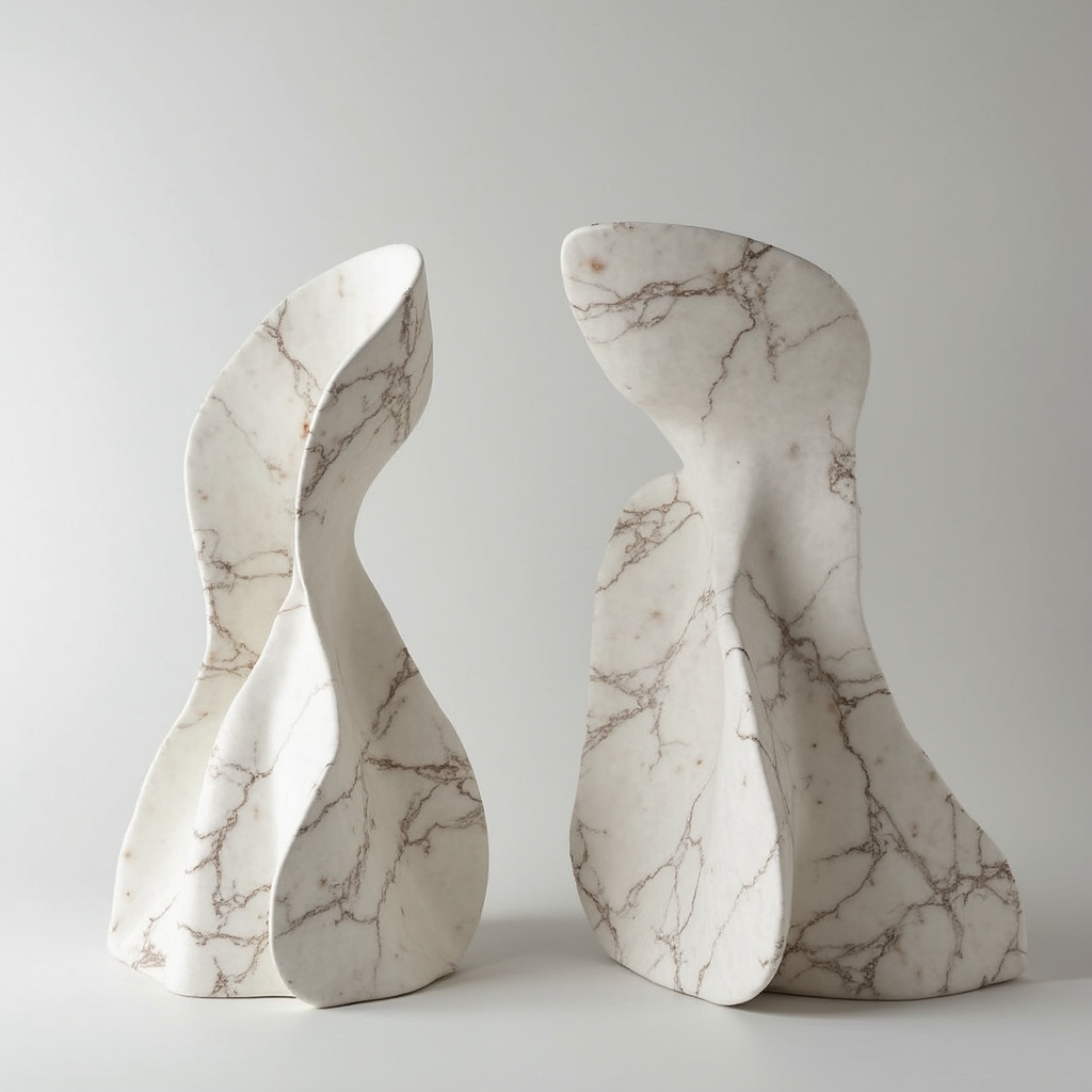 Due sculture astratte in marmo bianco con venature marroni su sfondo neutro. arch-12 A-12 Simone Rosi design